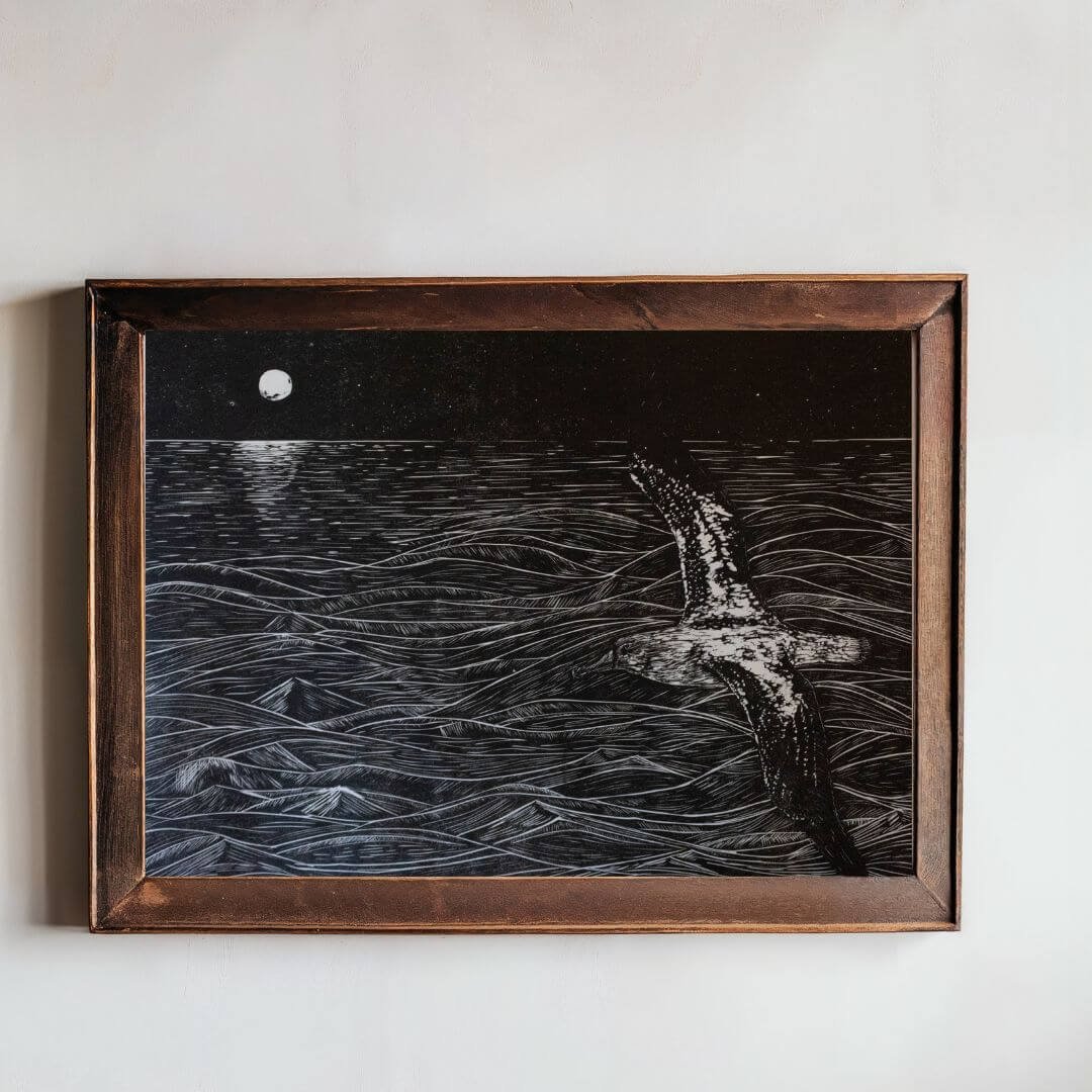 Linocut print of Wandering Albatross, moonlight and the ocean