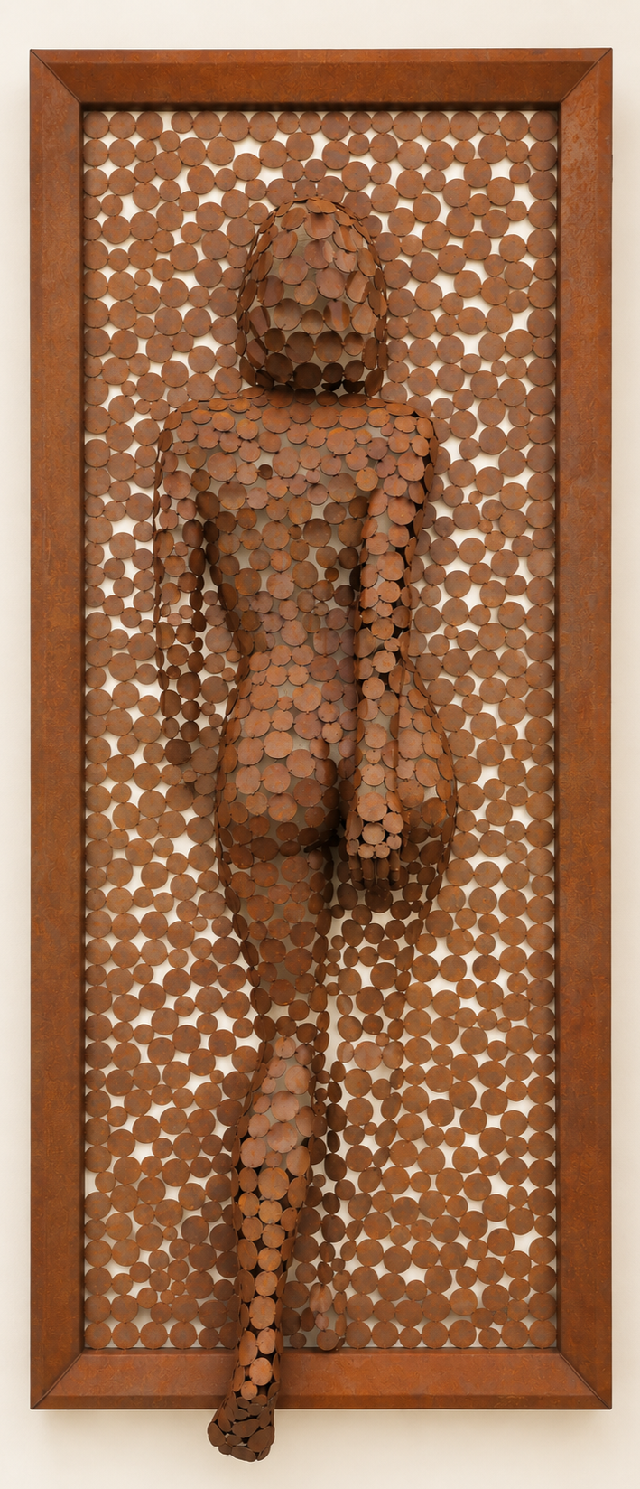Sculpture murale représentant un homme assis, composée de pièces métalliques cuivrées dans un cadre rectangulaire.