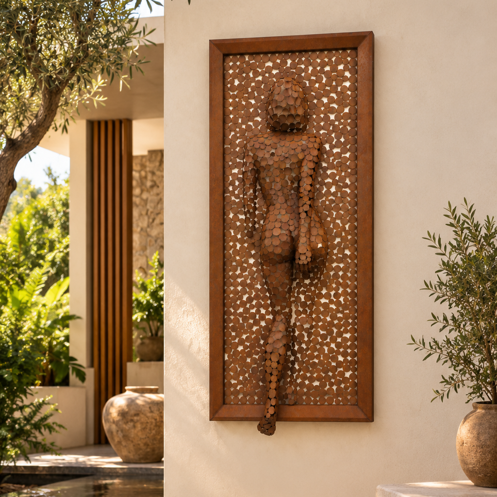 Sculpture murale en bois représentant une silhouette humaine, entourée d’oliviers dans une cour méditerranéenne.