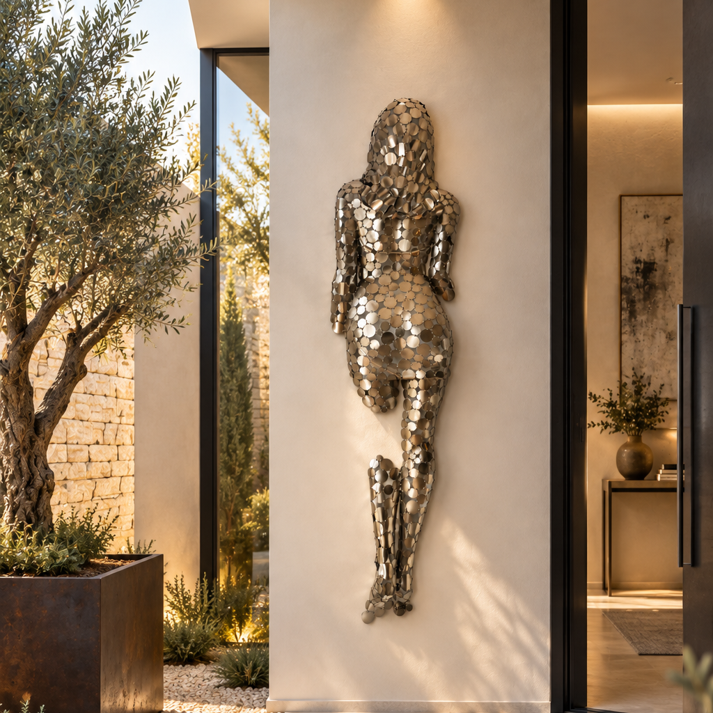 Sculpture murale abstraite en métal représentant une silhouette humaine dans un intérieur moderne, près d’un olivier.