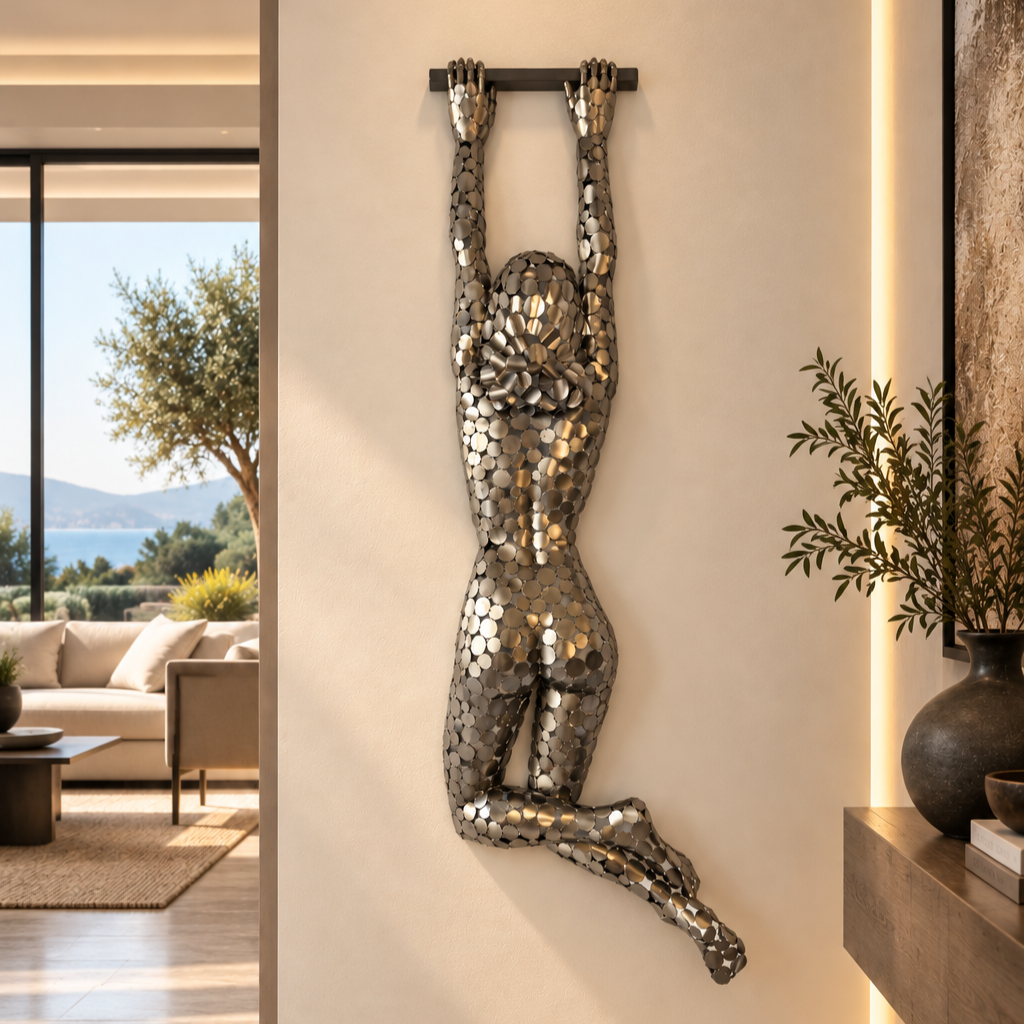 Sculpture murale métallique représentant une sirène, composée de disques argentés, dans un salon moderne avec vue sur la mer.