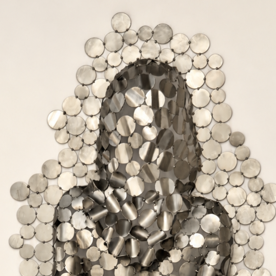 Sculpture murale abstraite en métal composée de pastilles argentées et translucides disposées en motif organique.