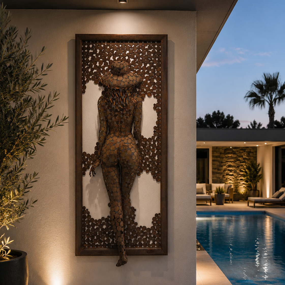 Sculpture murale représentant une femme en pièces métalliques, près d’une piscine extérieure au coucher du soleil