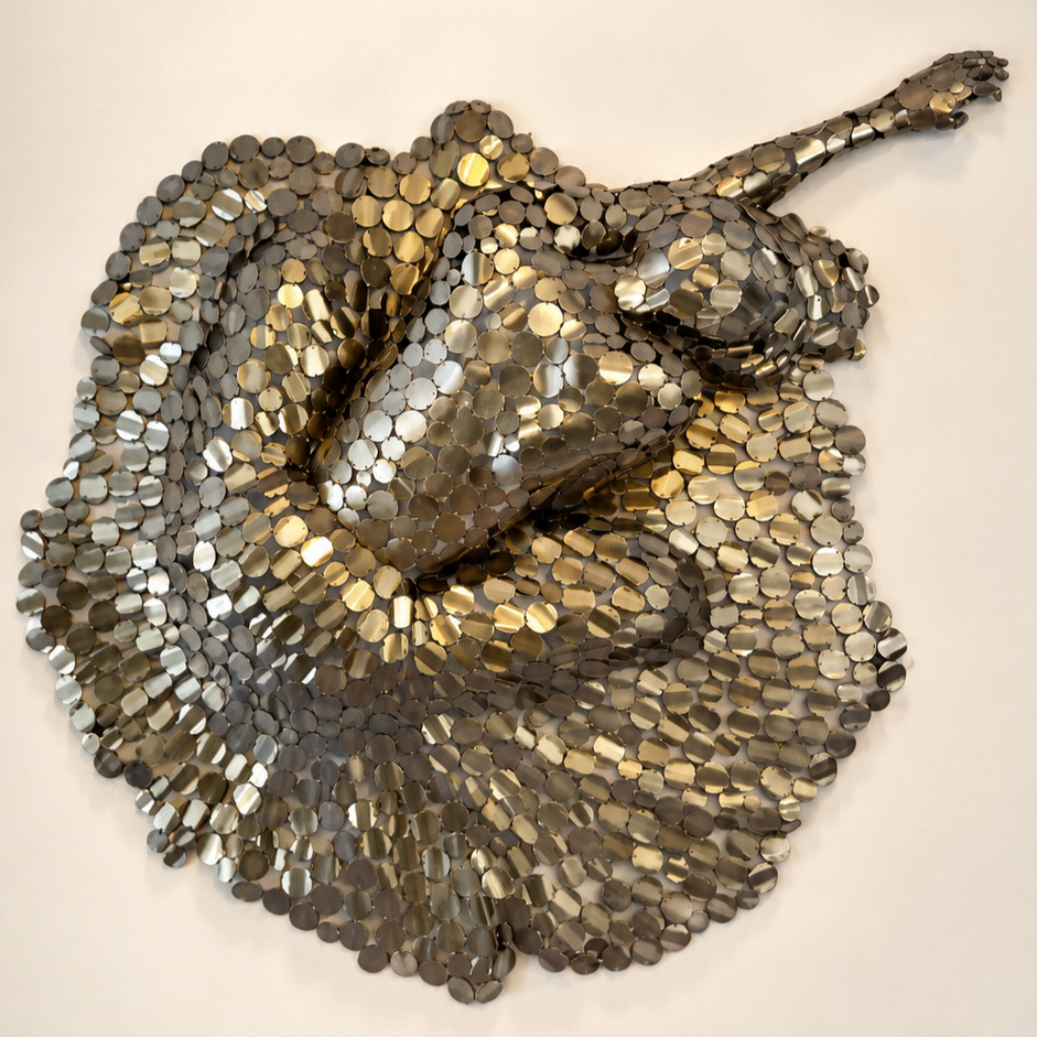 Sculpture murale d’un caméléon réalisée avec des centaines de pastilles métalliques argentées et dorées.
