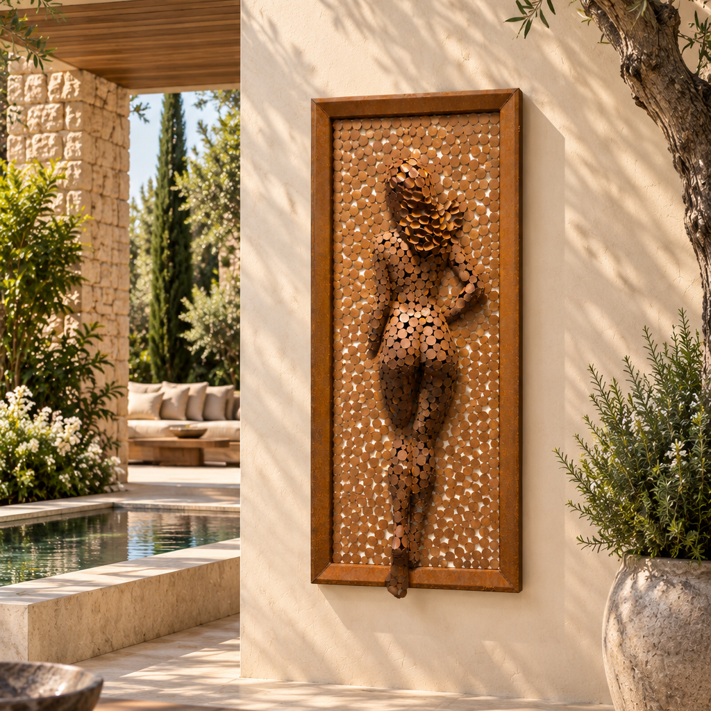 Sculpture murale en bois représentant une silhouette féminine dans une cour méditerranéenne avec piscine.