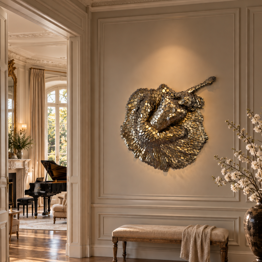 Intérieur élégant avec sculpture murale métallique d’un cheval, banc capitonné et piano à queue dans un salon classique.