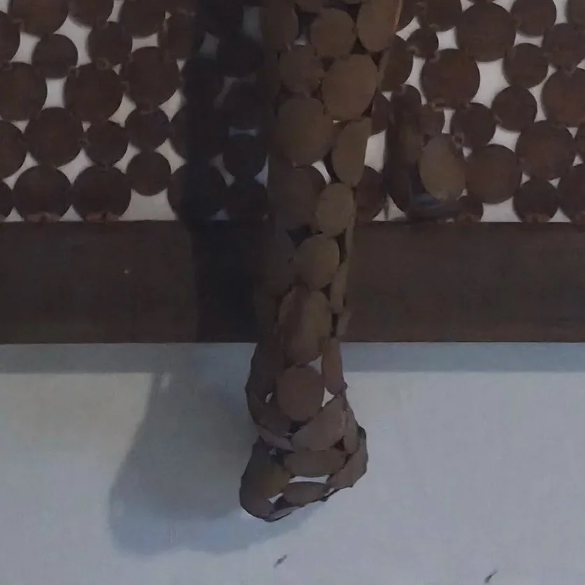 Collier de graines brunes suspendu devant un mur décoré de rondelles de bois.