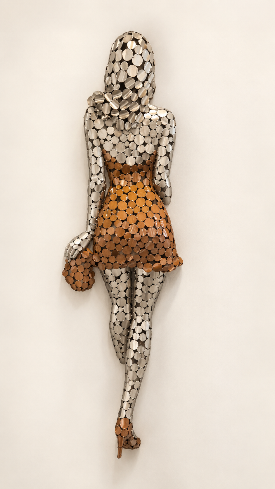 Sculpture murale d’une femme en robe orange, composée de disques métalliques argentés et cuivrés, vue de dos.
