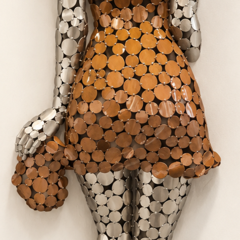 Sculpture murale représentant une femme vêtue d’une robe composée de disques métalliques cuivrés et argentés.