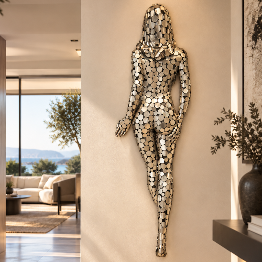 Sculpture murale métallique représentant un lézard, composée de petits disques argentés, dans un intérieur moderne avec vue sur la mer.