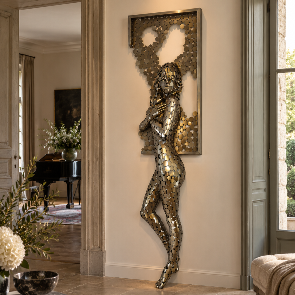 Sculpture murale contemporaine représentant une femme en métal doré, ornée de pastilles métalliques, dans un intérieur élégant avec piano à queue.