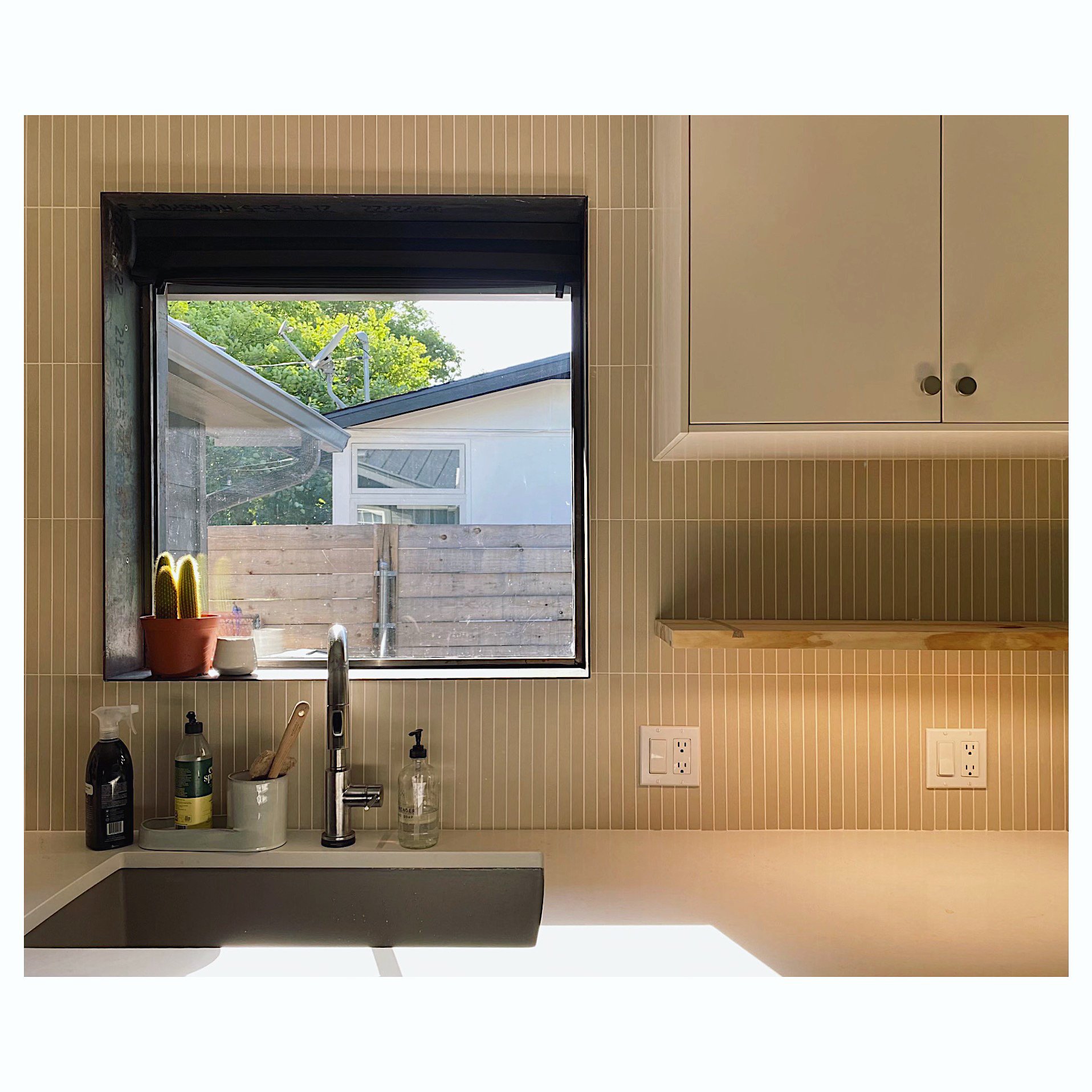 Kitchen view through a window above a sink with various cleaning supplies and a small cactus plant, with an outdoor fence and house visible outside.