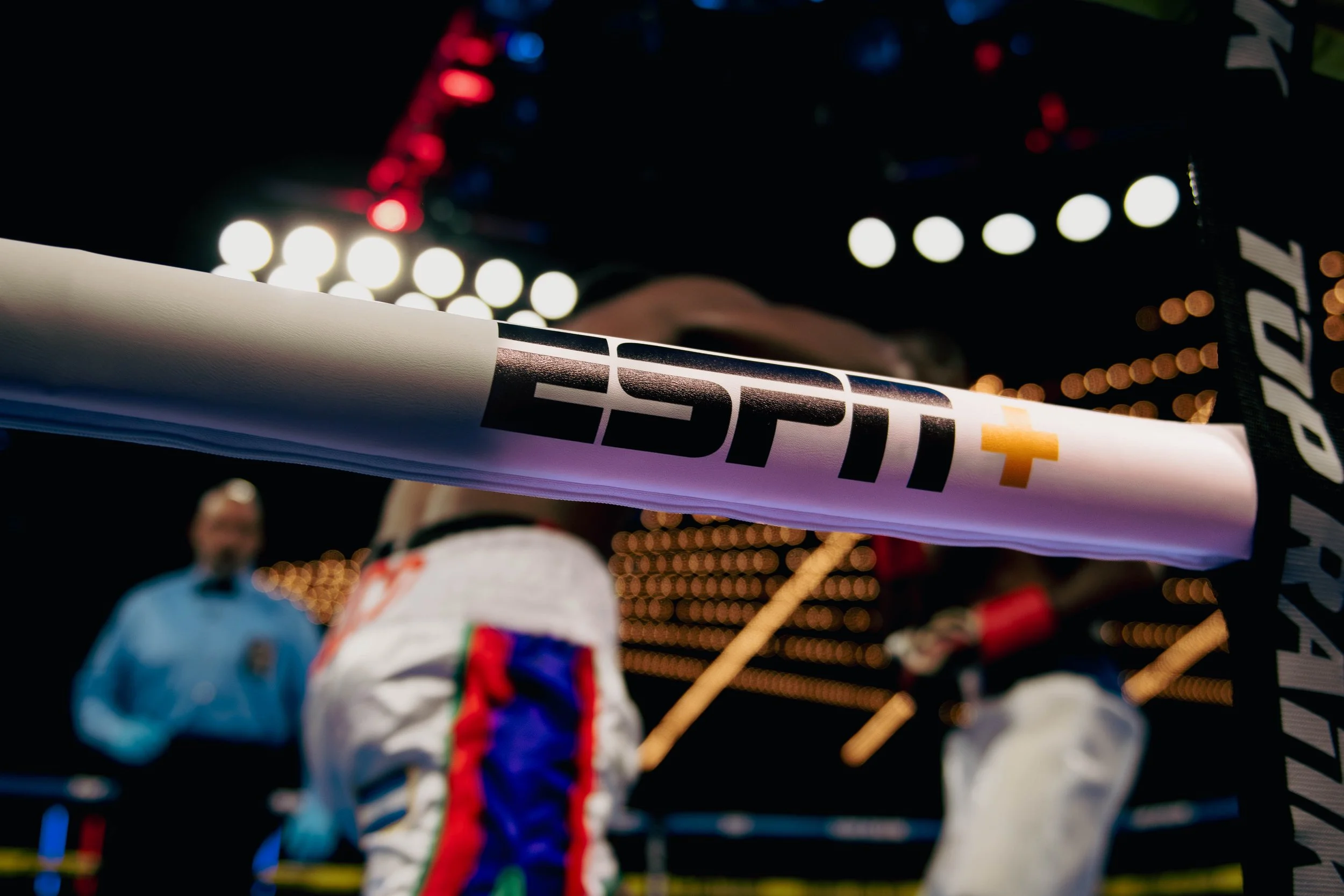 Professional boxing match at Madison Square Garden featuring intense action between professional boxers