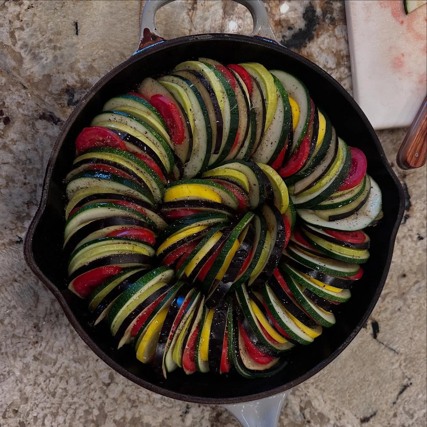 🧶 Made something without yarn this past weekend. I&rsquo;ve always wanted to try making ratatouille! The veggies came from my mom&rsquo;s and mother in law&rsquo;s gardens. And my mom was the sous chef doing all the slicing. It. Was. Delicious! High