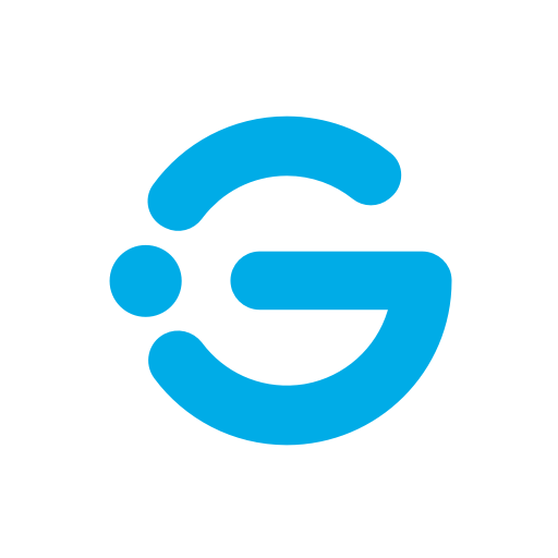Blue abstract logo resembling a smiley face and a letter G.