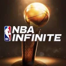 Logo for NBA Infinite featuring a gold basketball trophy and the NBA logo.