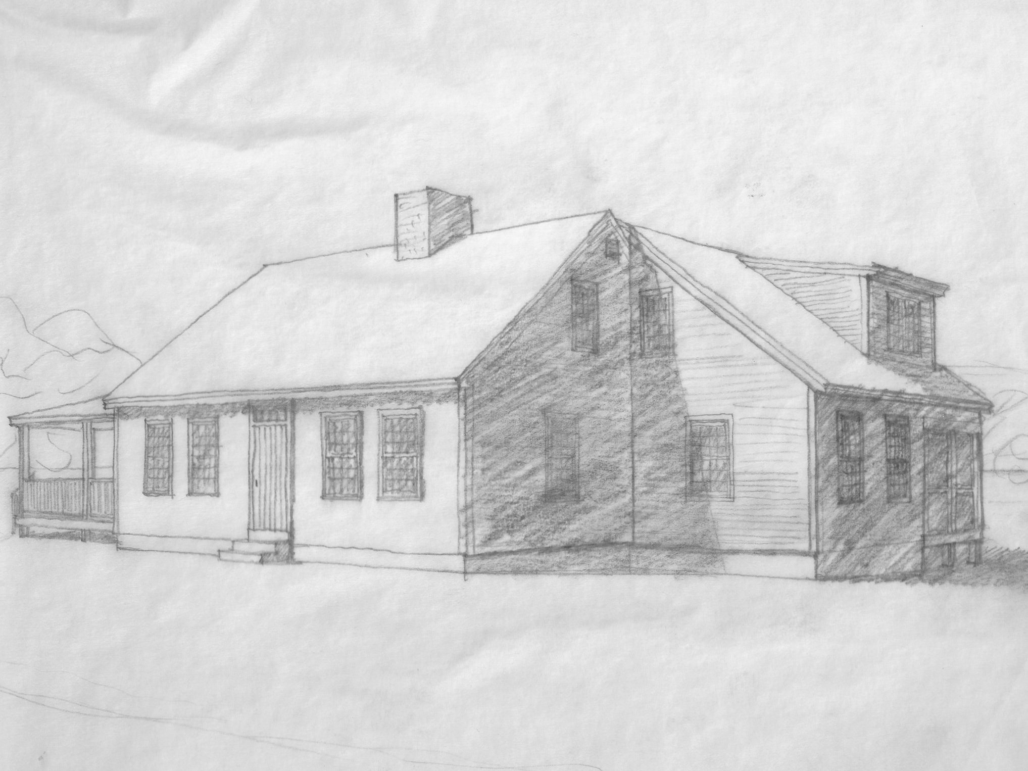 A black and white hand drawing of a proposed addition to an 1830s farmhouse in Vermont