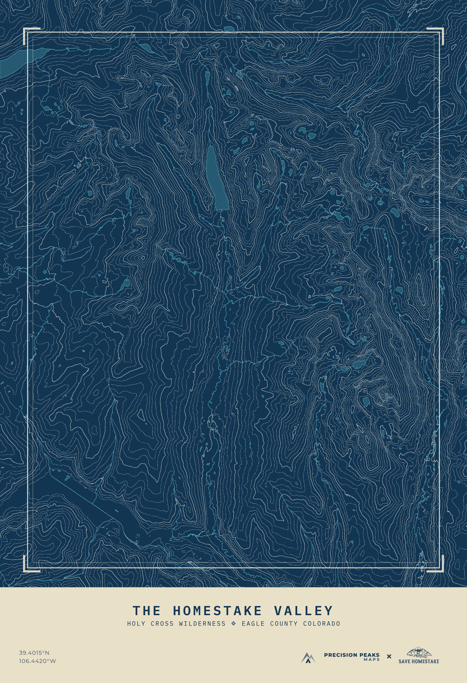 Homestake Valley topographic print in the Surveyor Blueprint color style