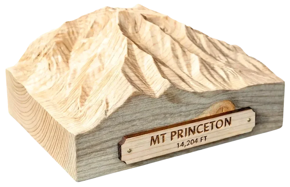 Dimensional Mount Princeton wood terrain carving with a personalized-style engraved plaque