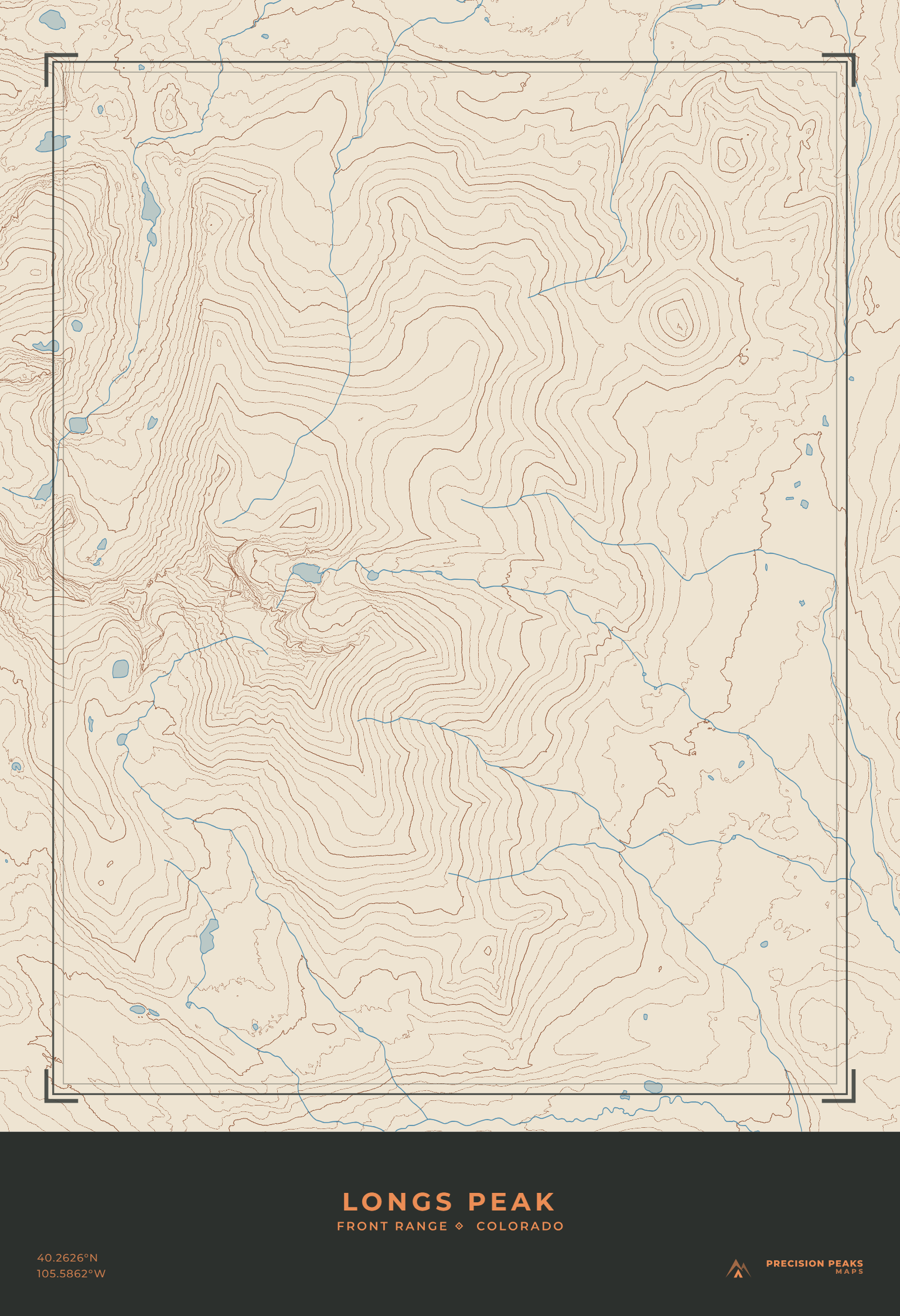 Longs Peak topographic print in the Ember Parchment color style