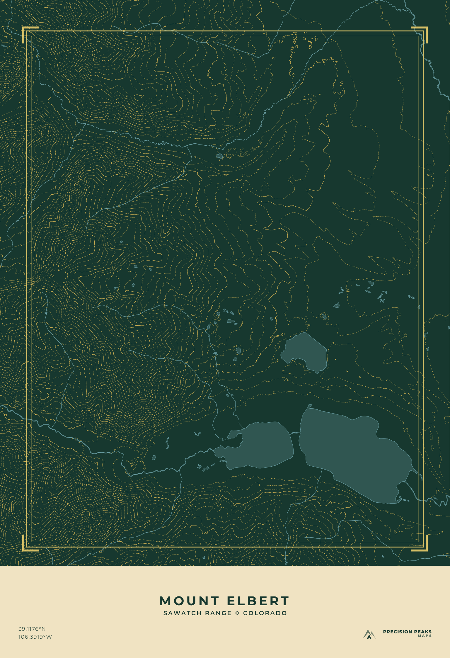 Mount Elbert Terrain Edition topographic print in the Aspen Gold Night color style