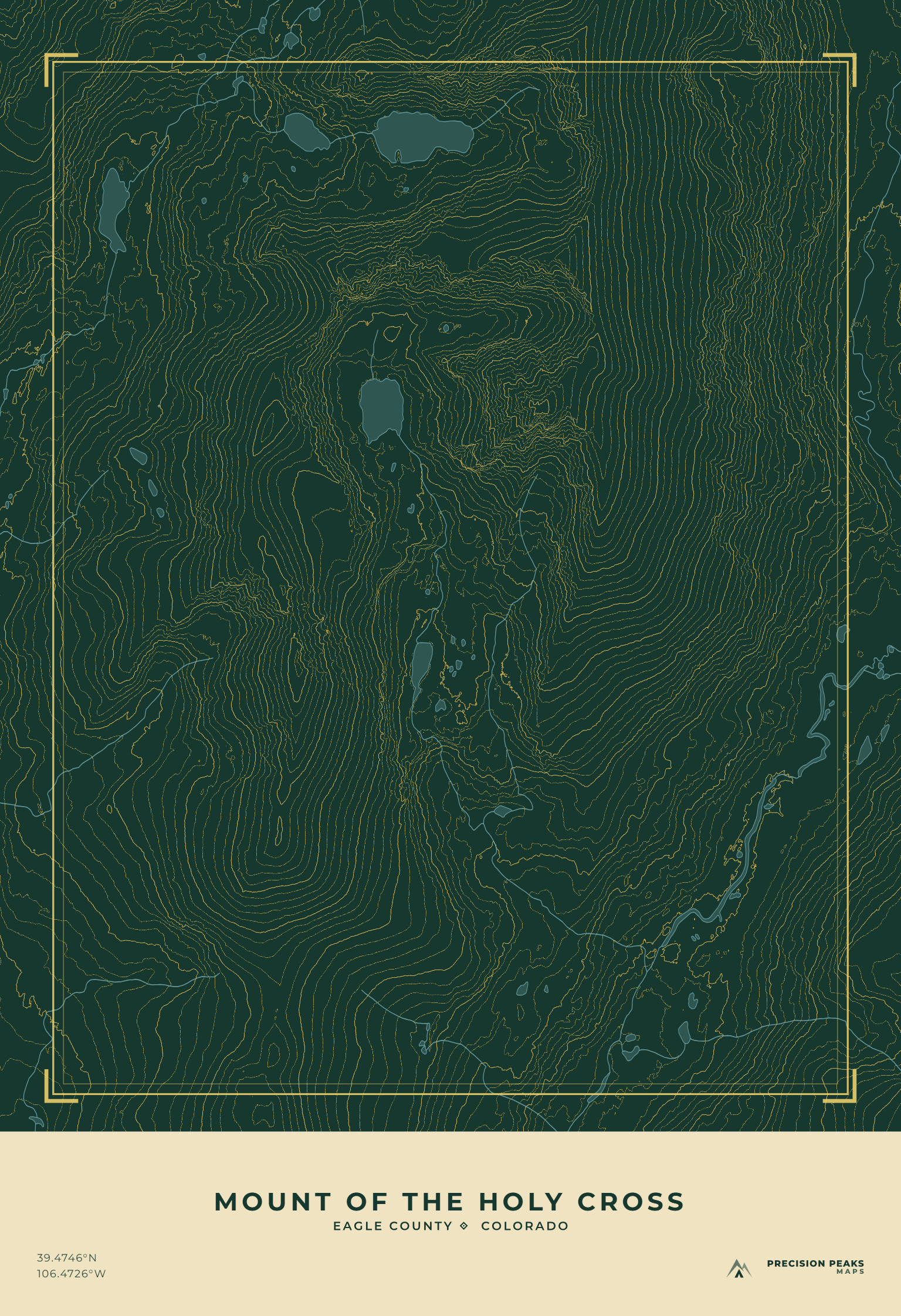 Mount of the Holy Cross topographic print in the Aspen Gold Night color style