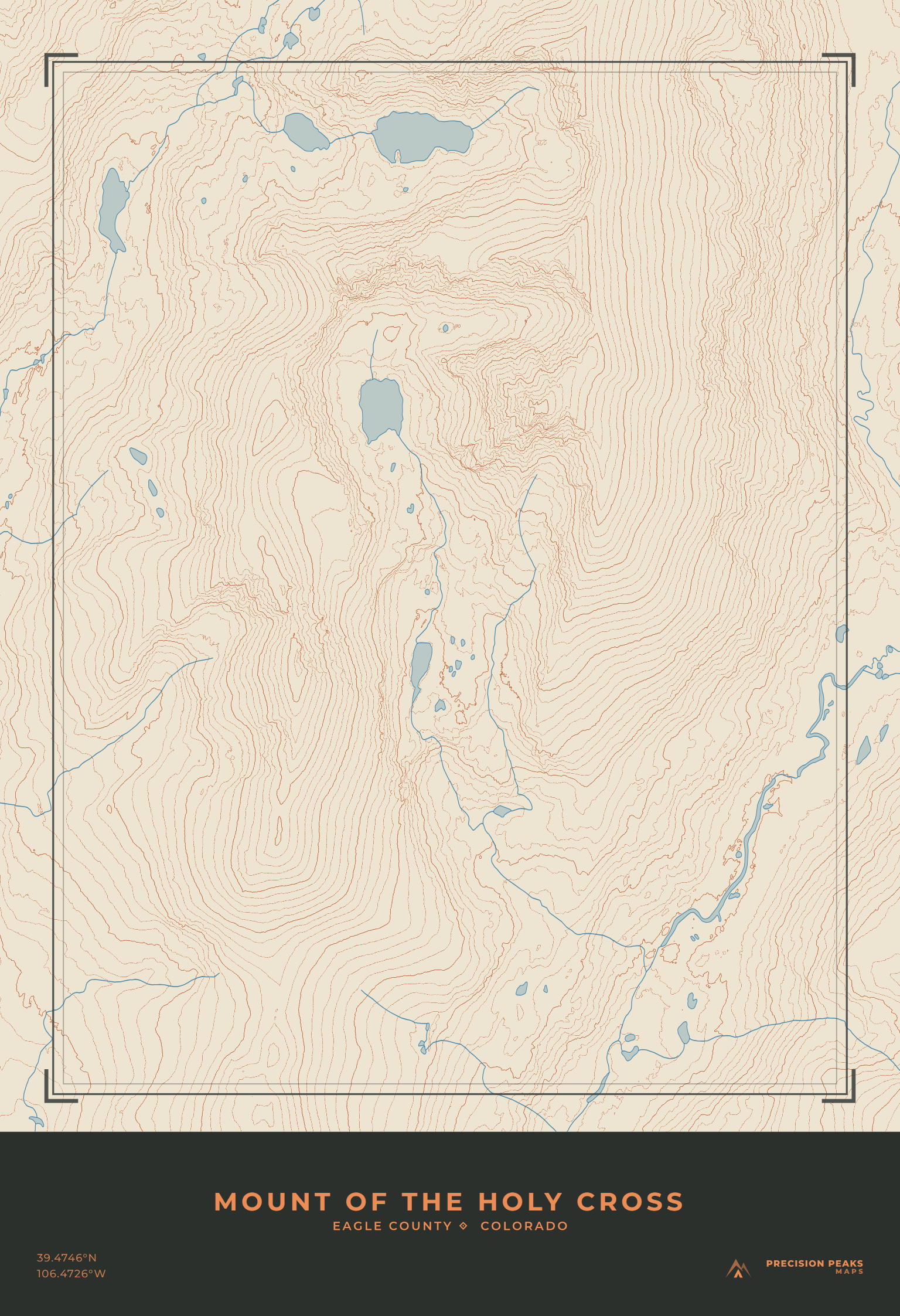 Mount of the Holy Cross topographic print in the Ember Parchment color style