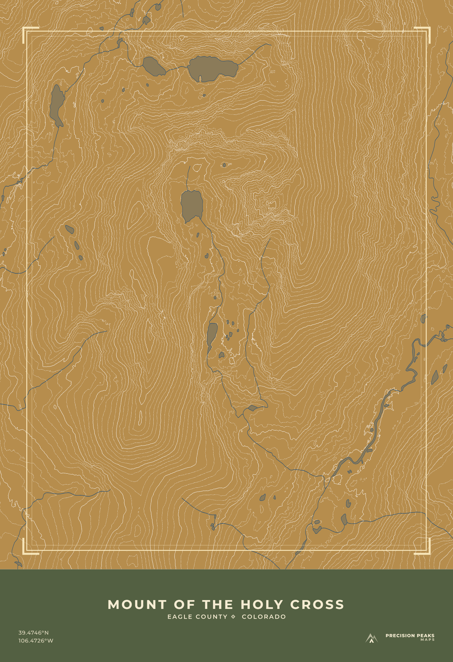 Mount of the Holy Cross topographic print in the Aspen Gold color style