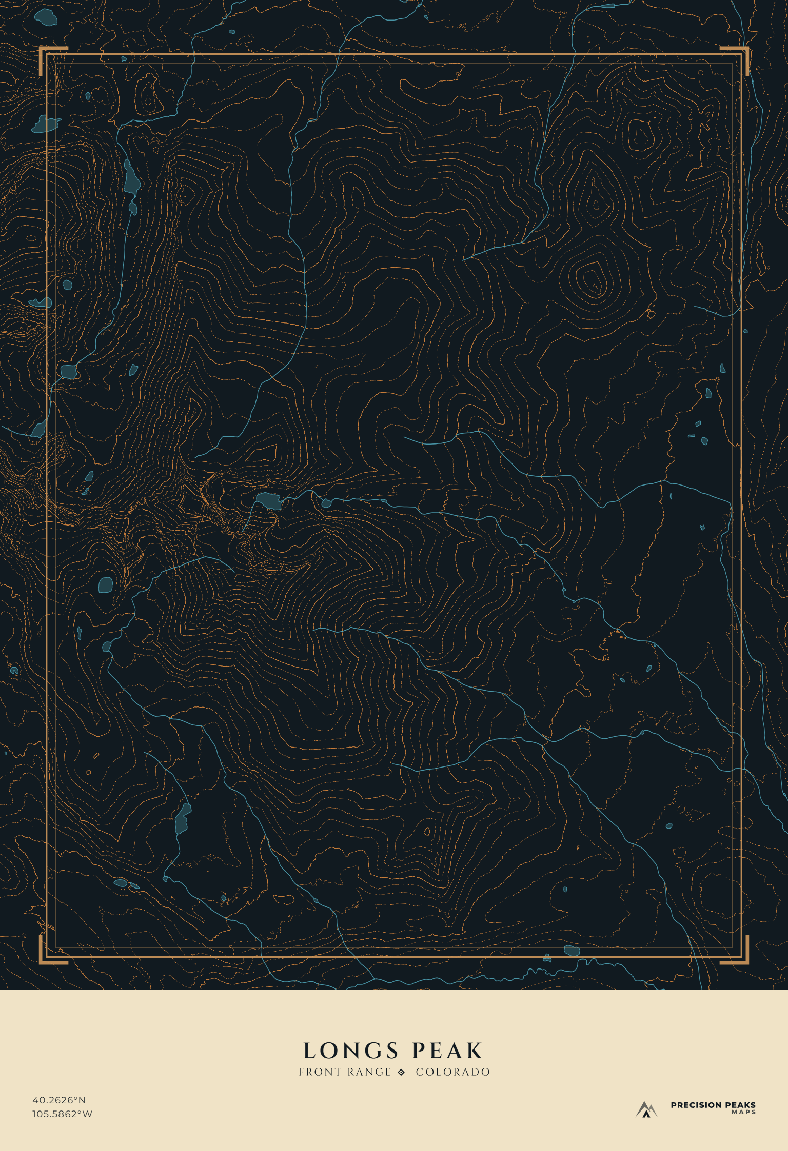 Longs Peak topographic print in the Midnight Copper color style
