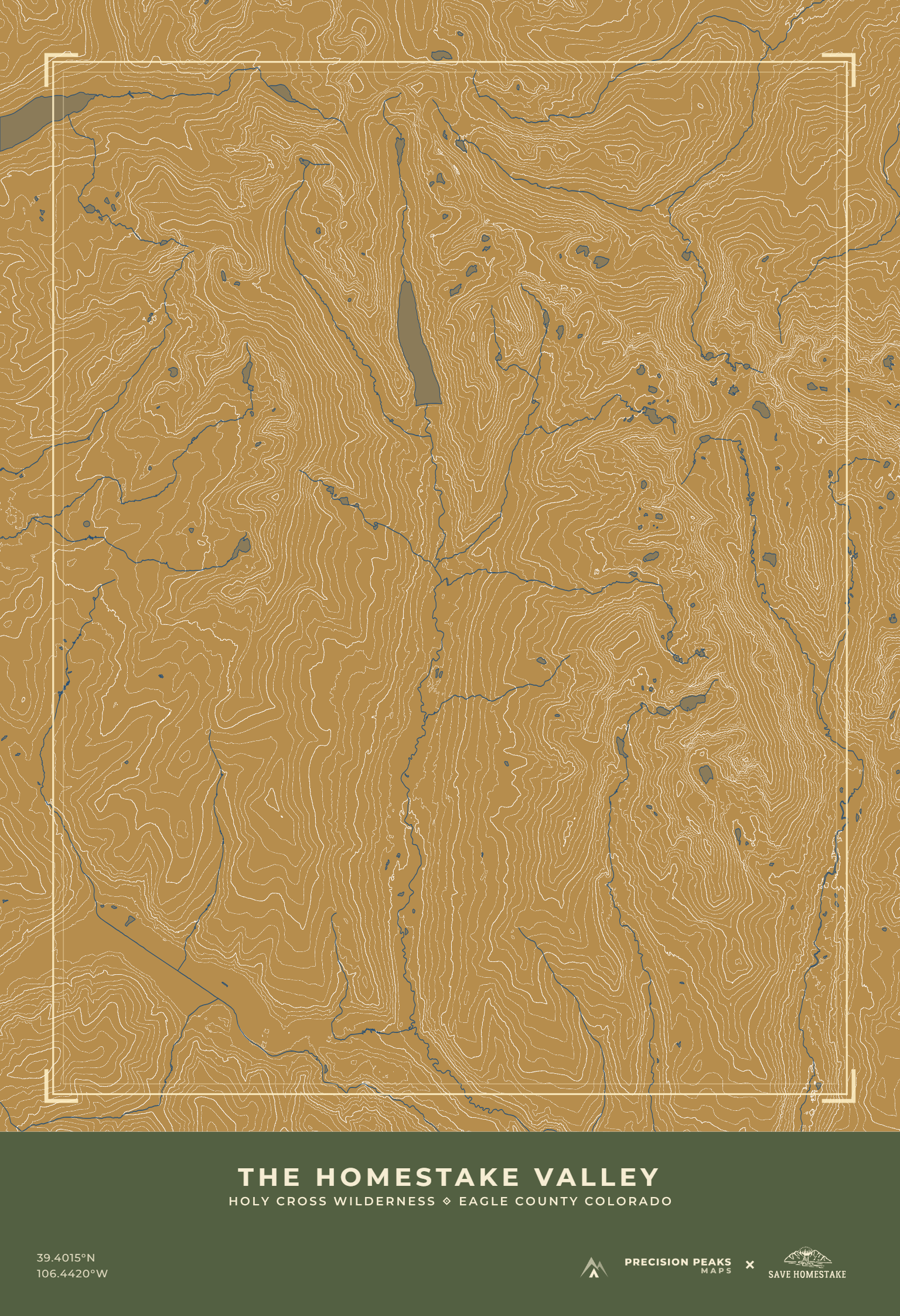 Homestake Valley topographic print in the Aspen Gold color style