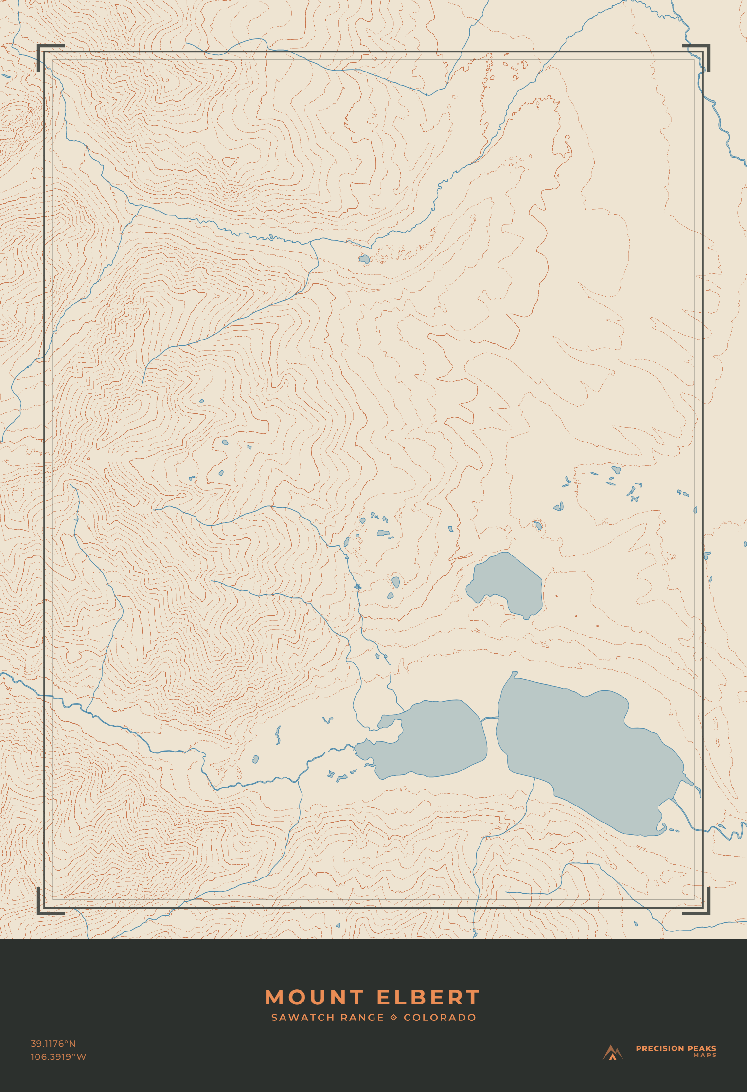 Mount Elbert Terrain Edition topographic print in the Ember Parchment color style