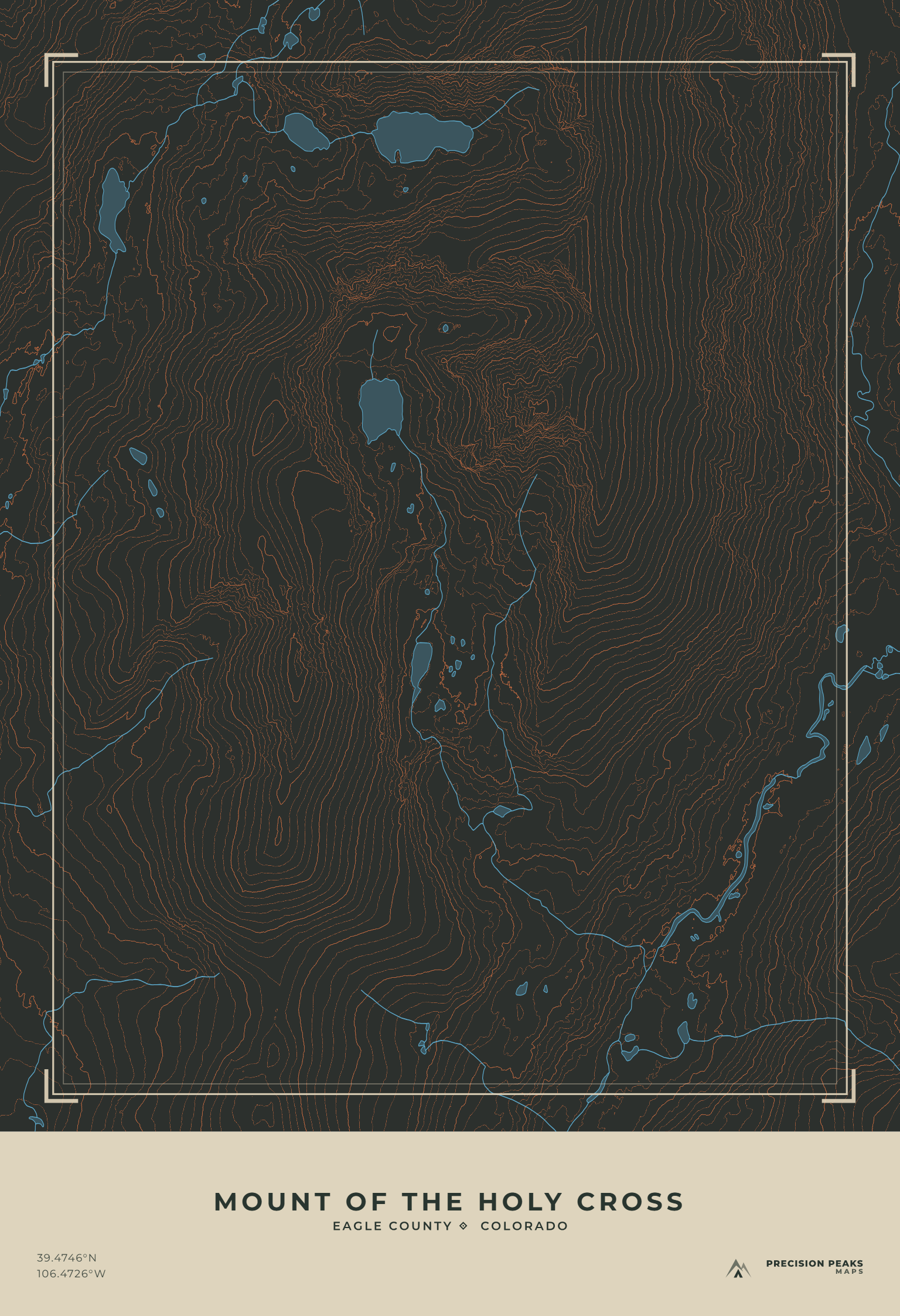 Mount of the Holy Cross topographic print in the Basalt Ember color style