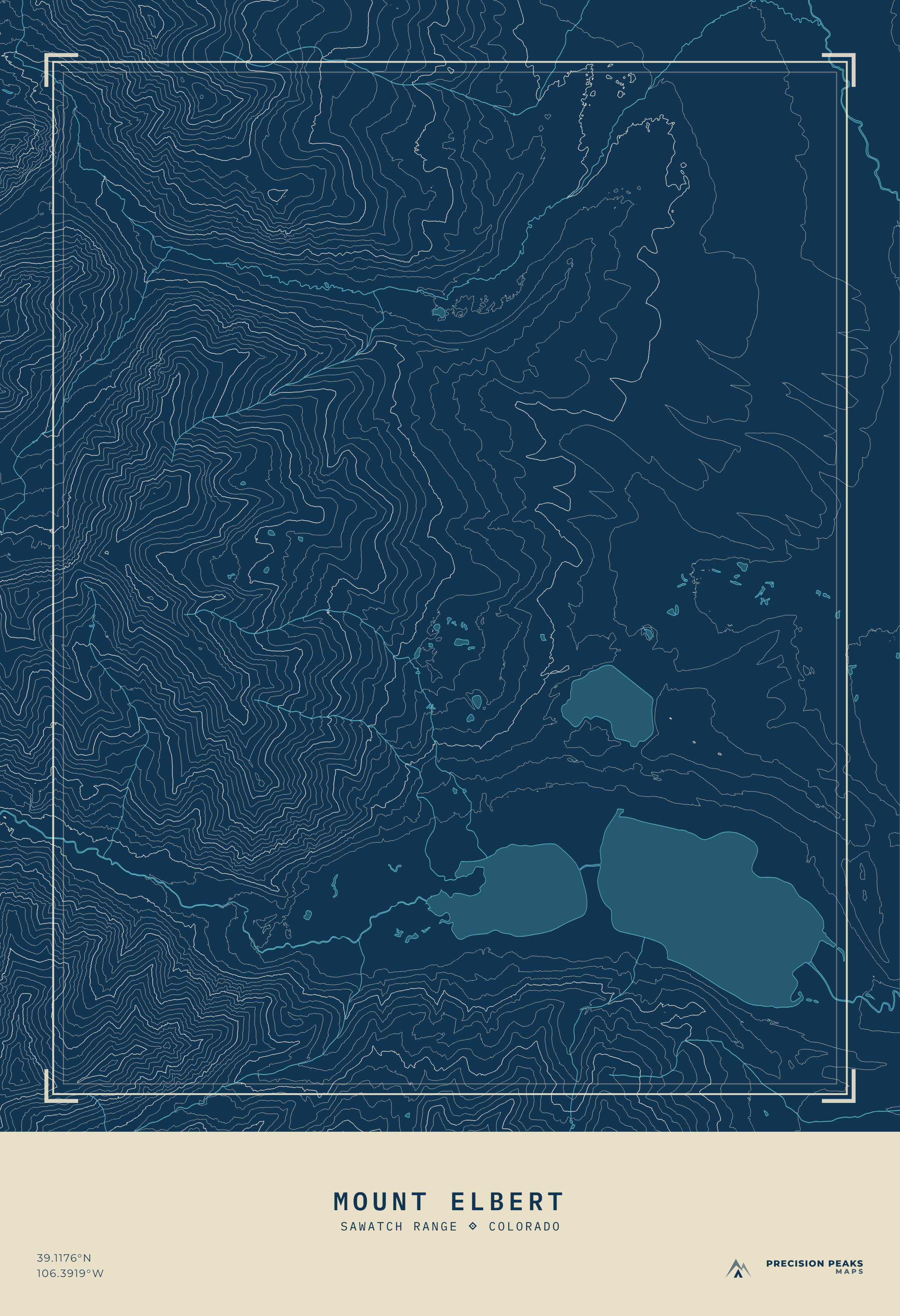 Mount Elbert Terrain Edition topographic print in the Surveyor Blueprint color style