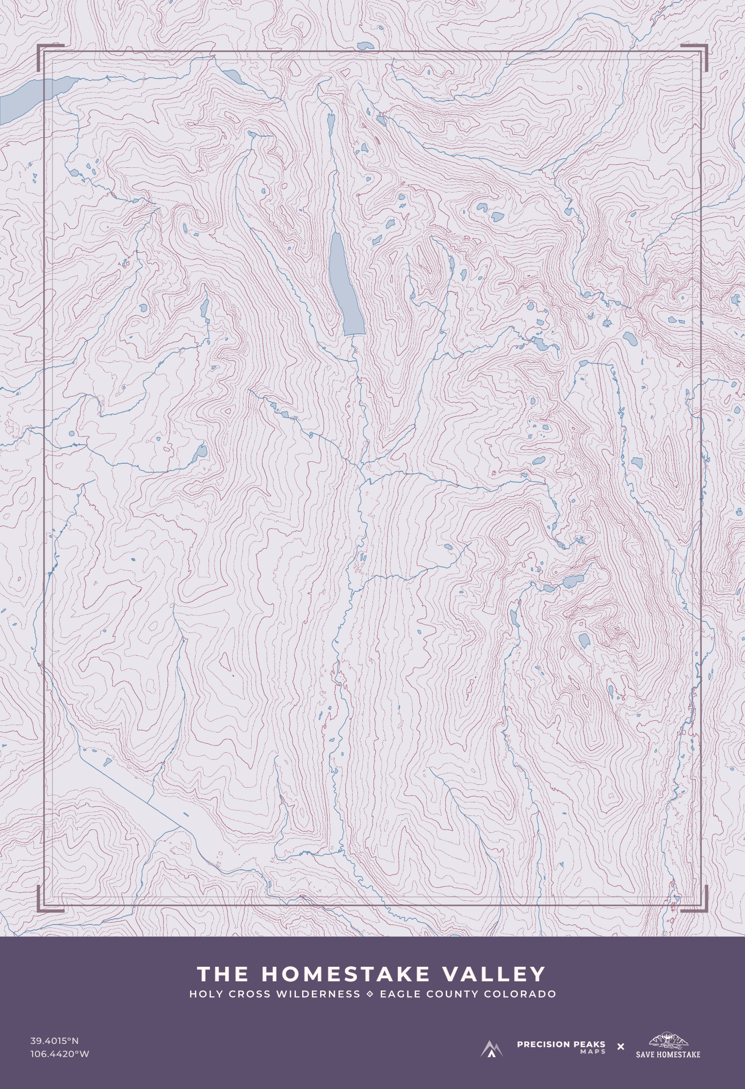 Homestake Valley topographic print in the Winter Alpenglow color style