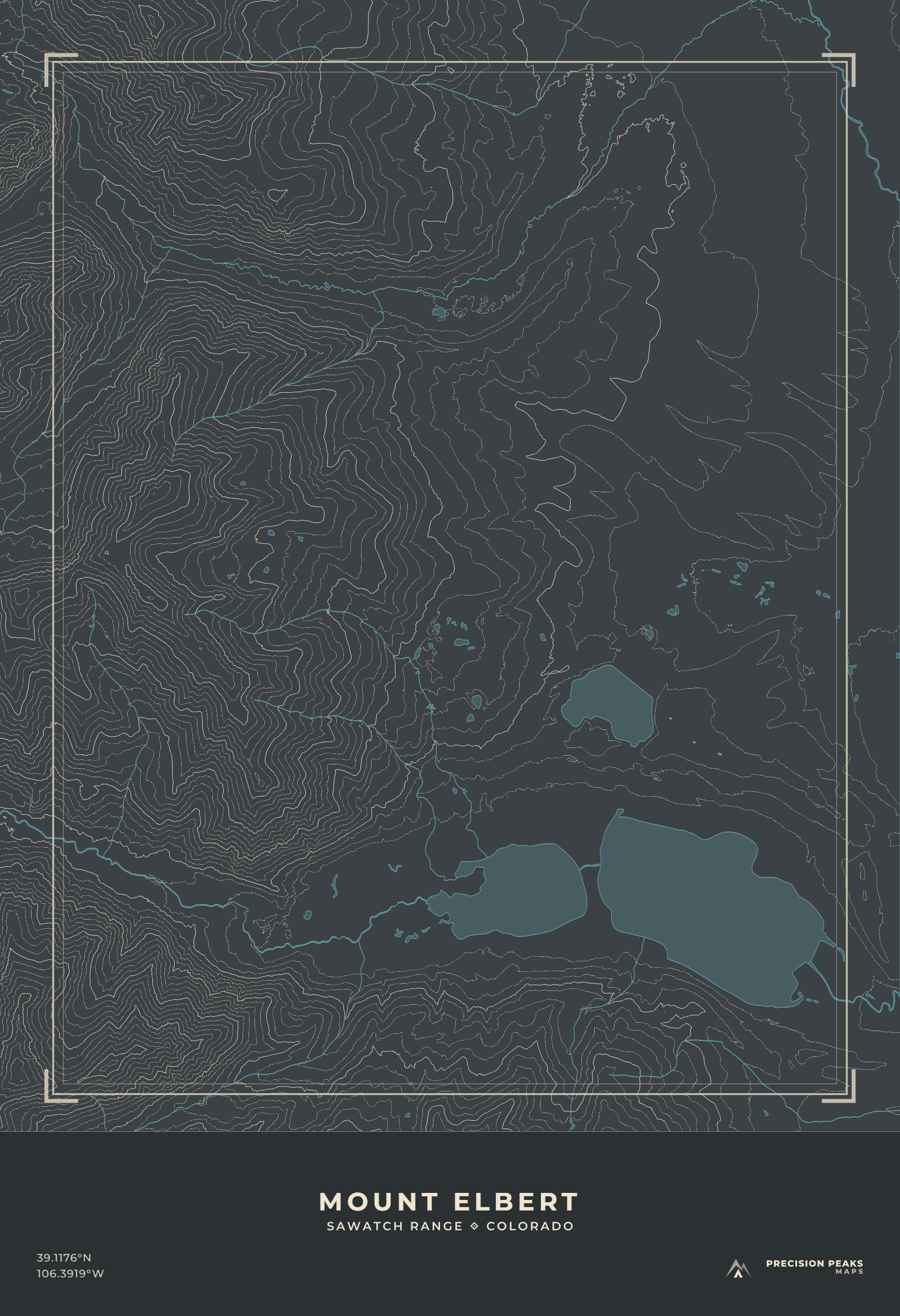 Mount Elbert Terrain Edition topographic print in the Granite Afterglow color style
