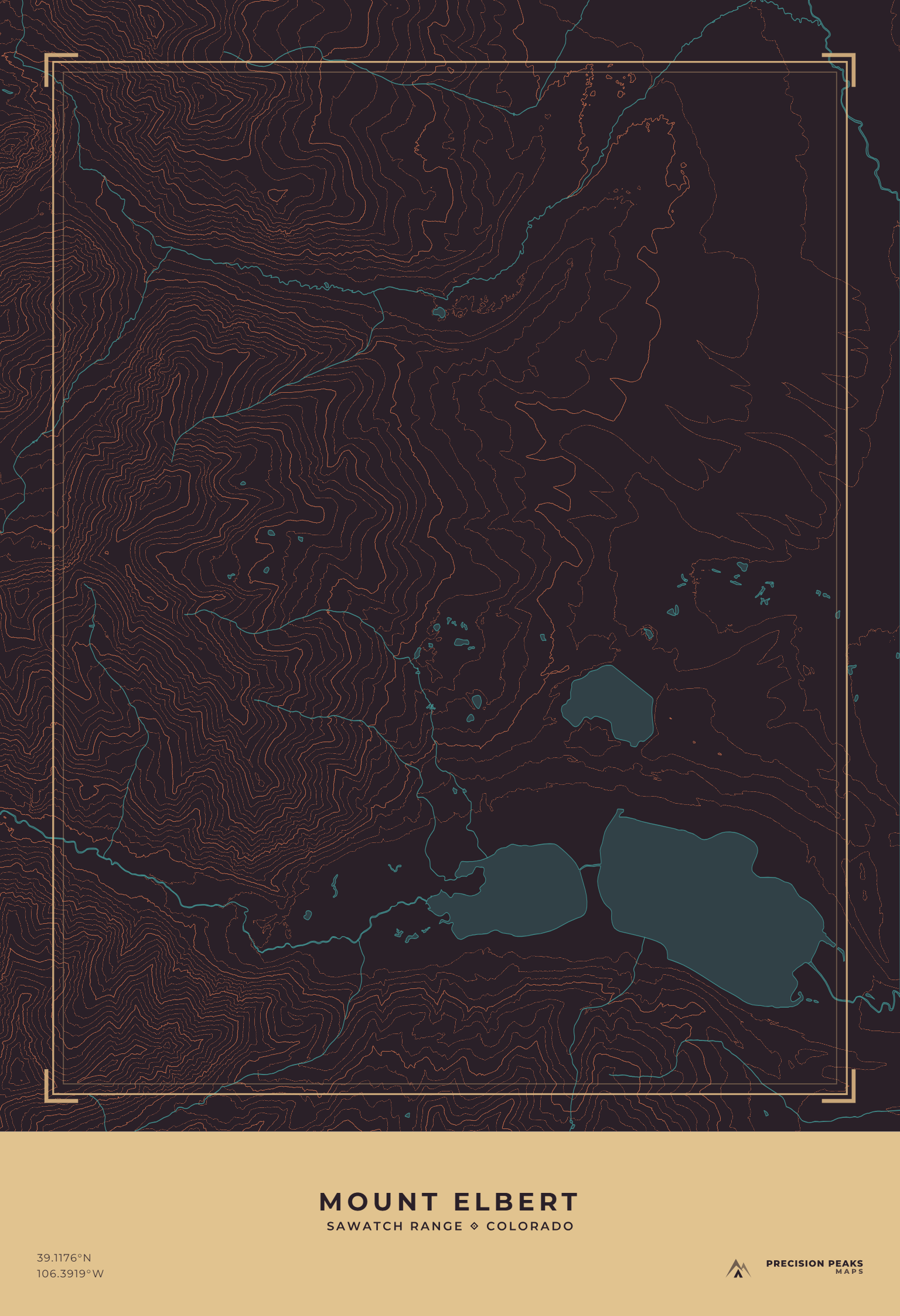 Mount Elbert Terrain Edition topographic print in the High Desert Night color style