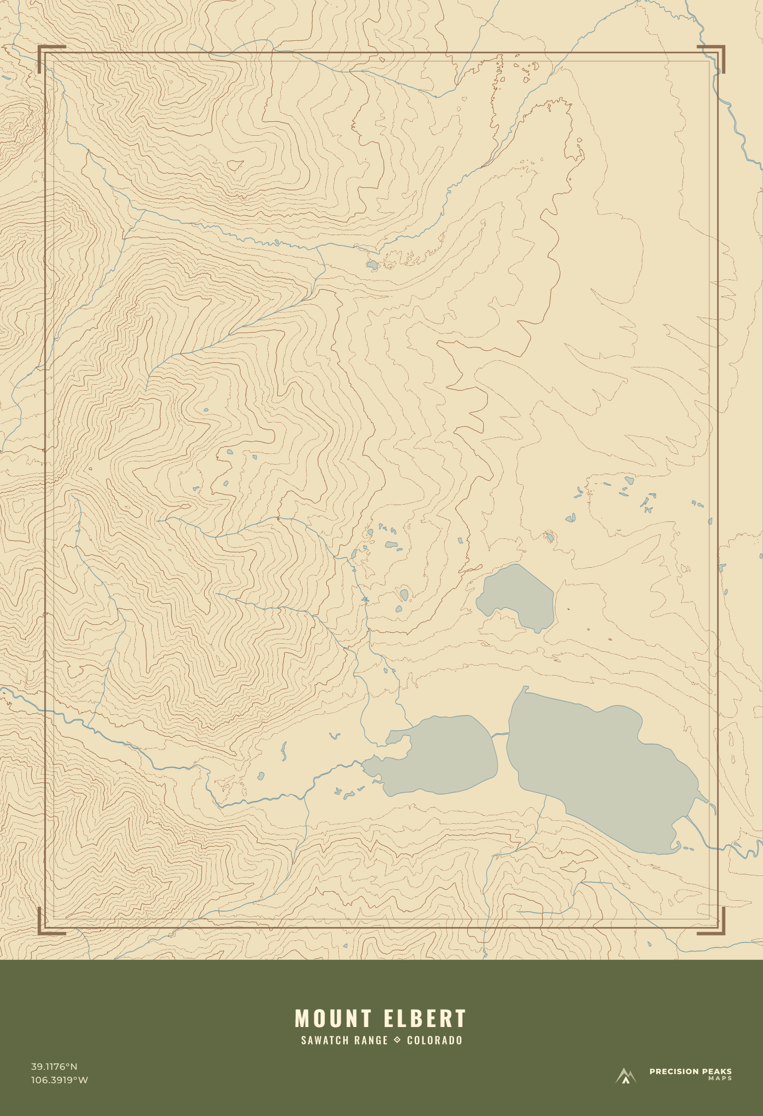 Mount Elbert Terrain Edition topographic print in the WPA National Park color style