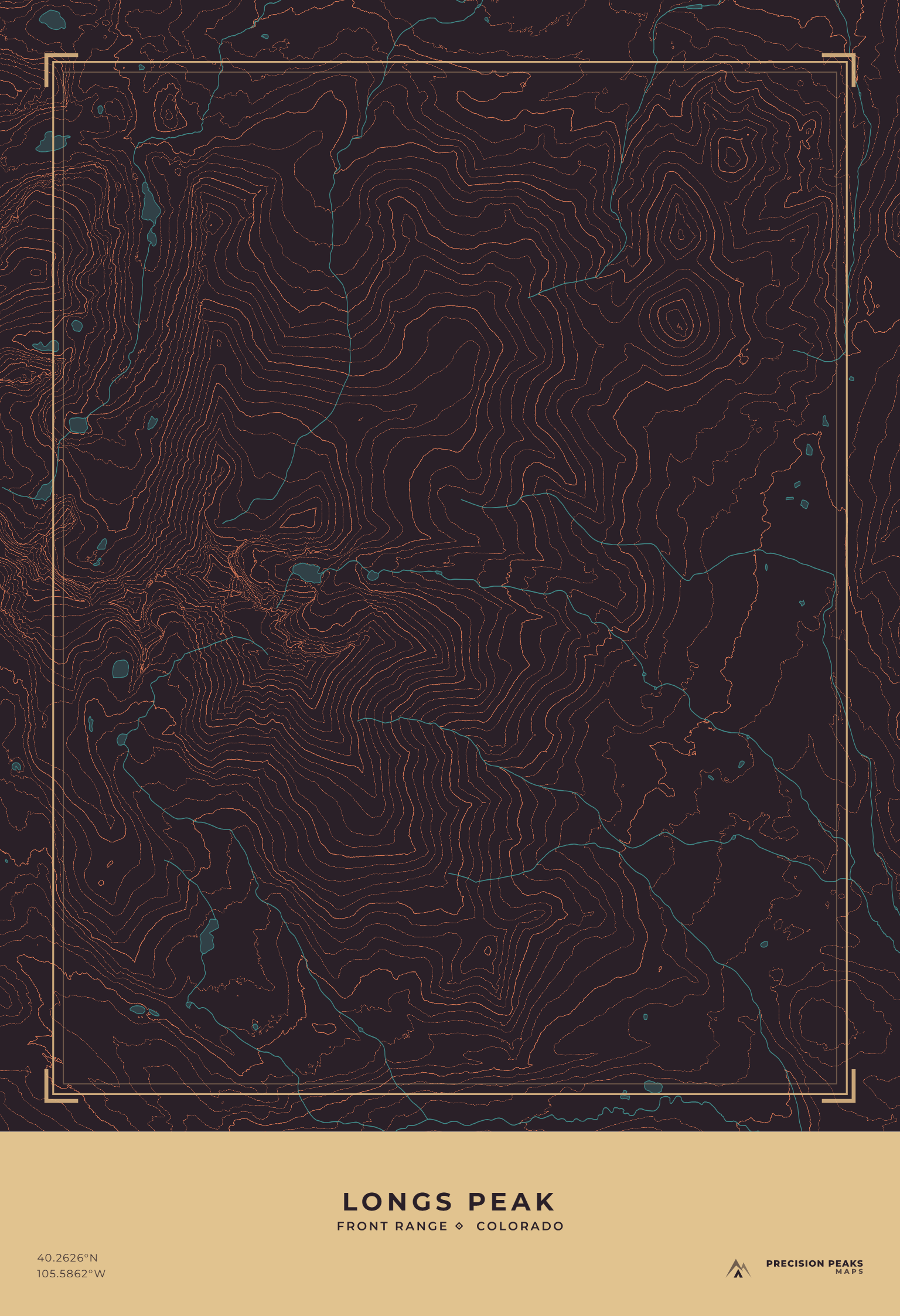 Longs Peak topographic print in the High Desert Night color style