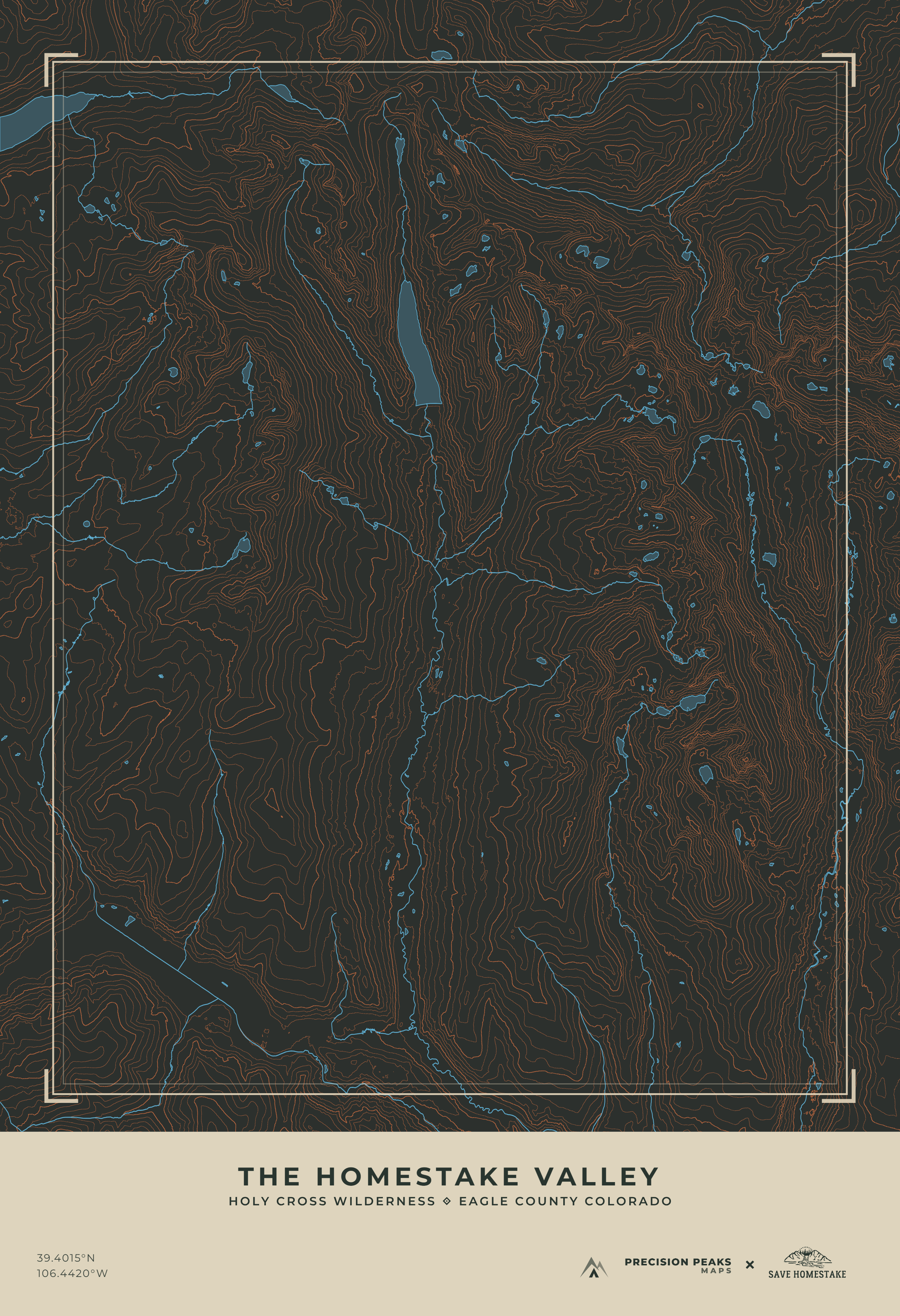 Homestake Valley topographic print in the Basalt Ember color style