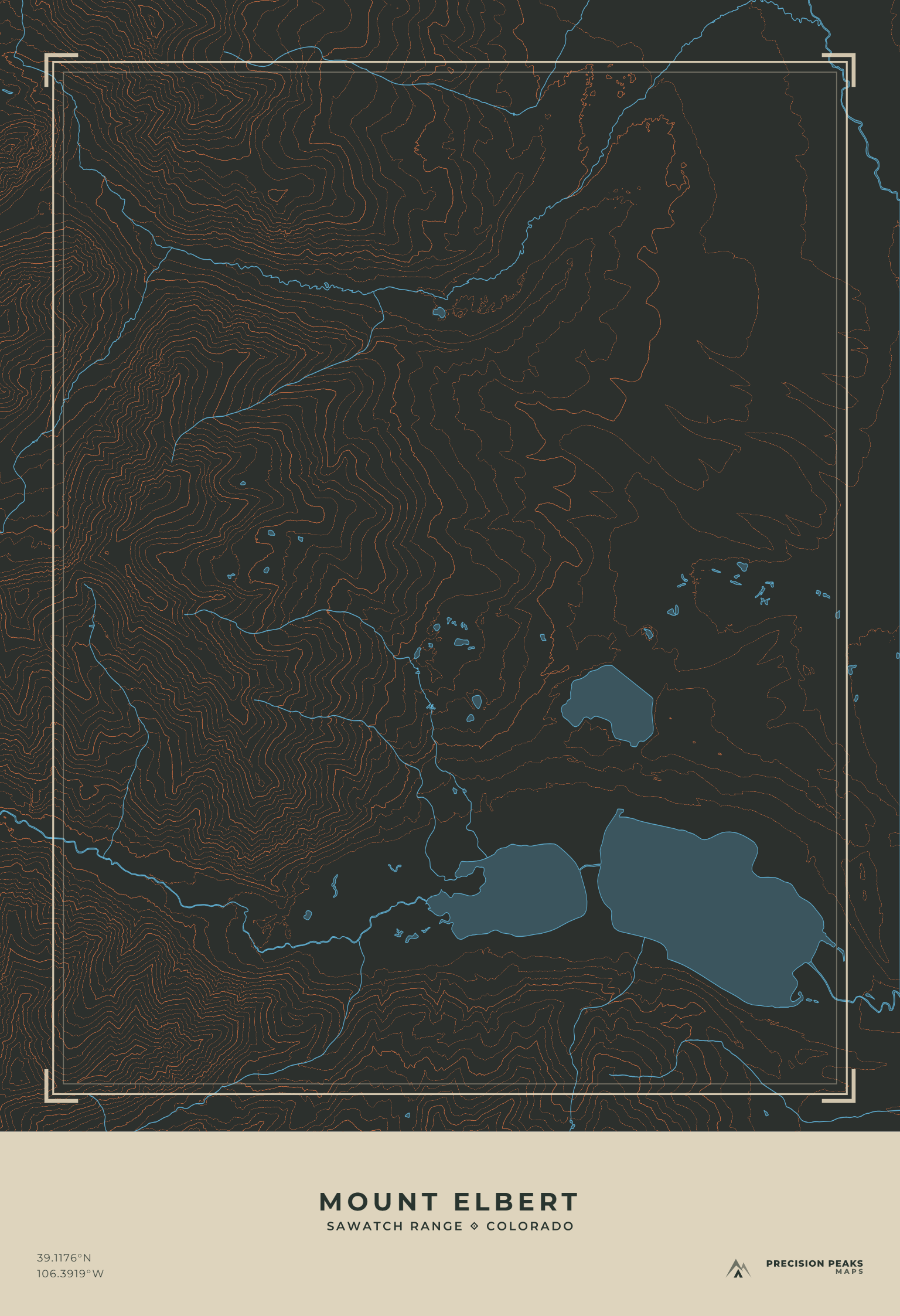 Mount Elbert Terrain Edition topographic print in the Basalt Ember color style