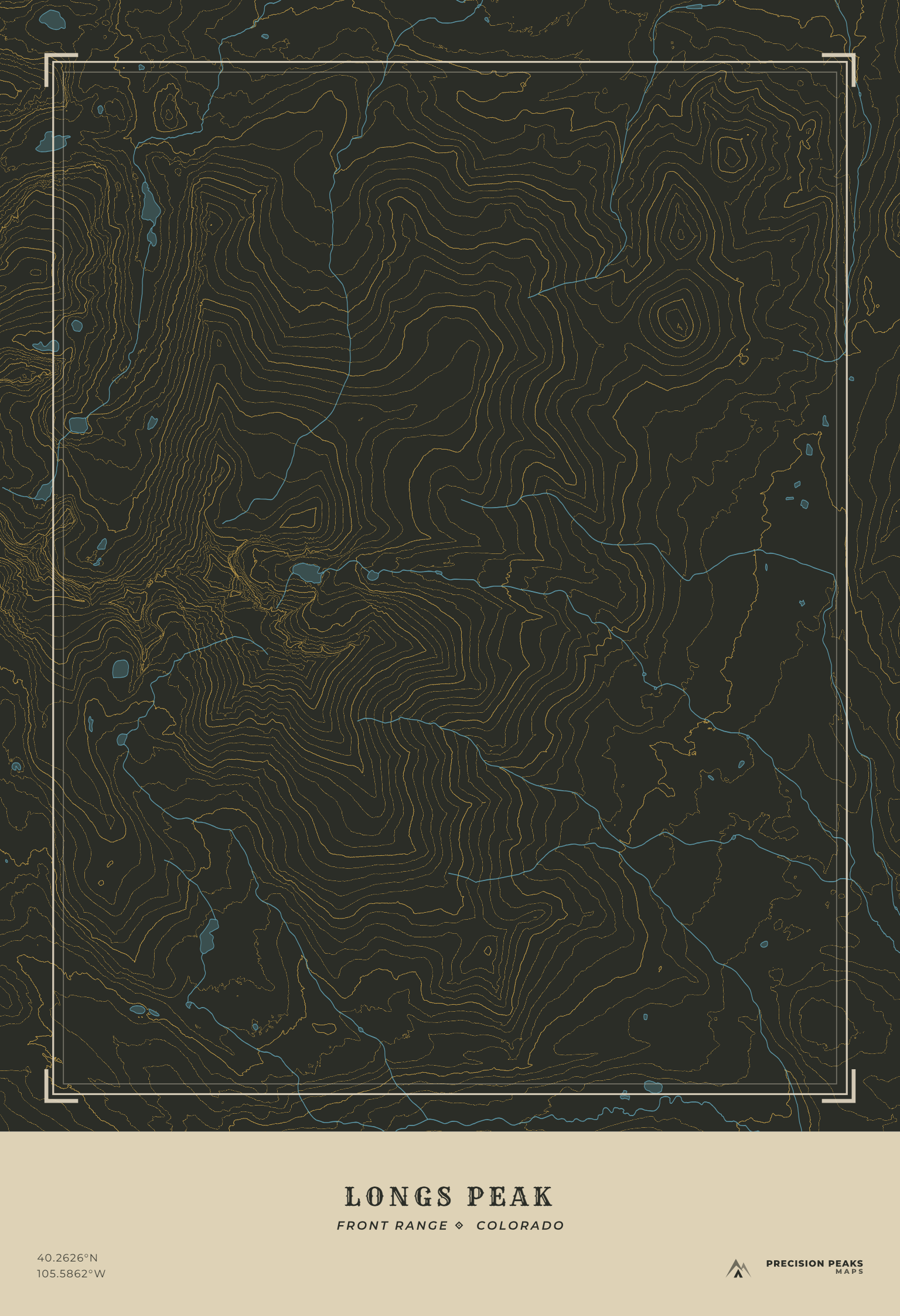 Longs Peak topographic print in the Yellowstone color style
