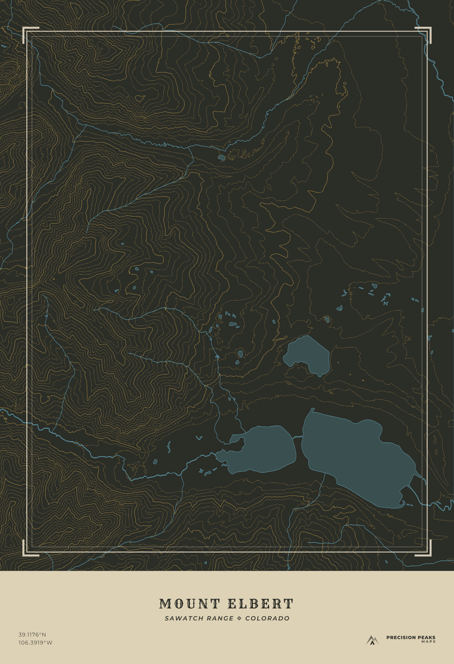 Mount Elbert Terrain Edition topographic print in the Yellowstone color style
