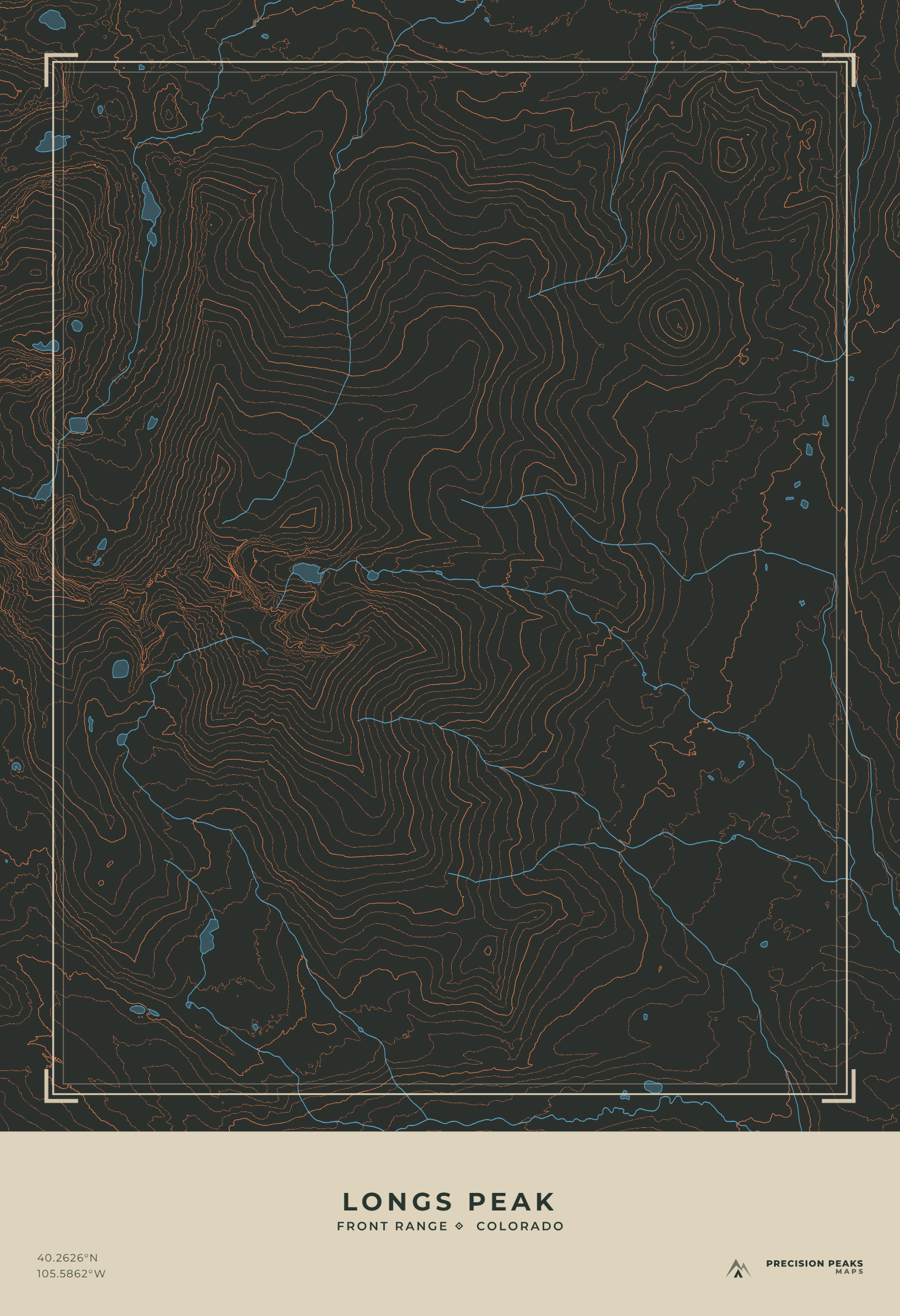 Longs Peak topographic print in the Basalt Ember color style