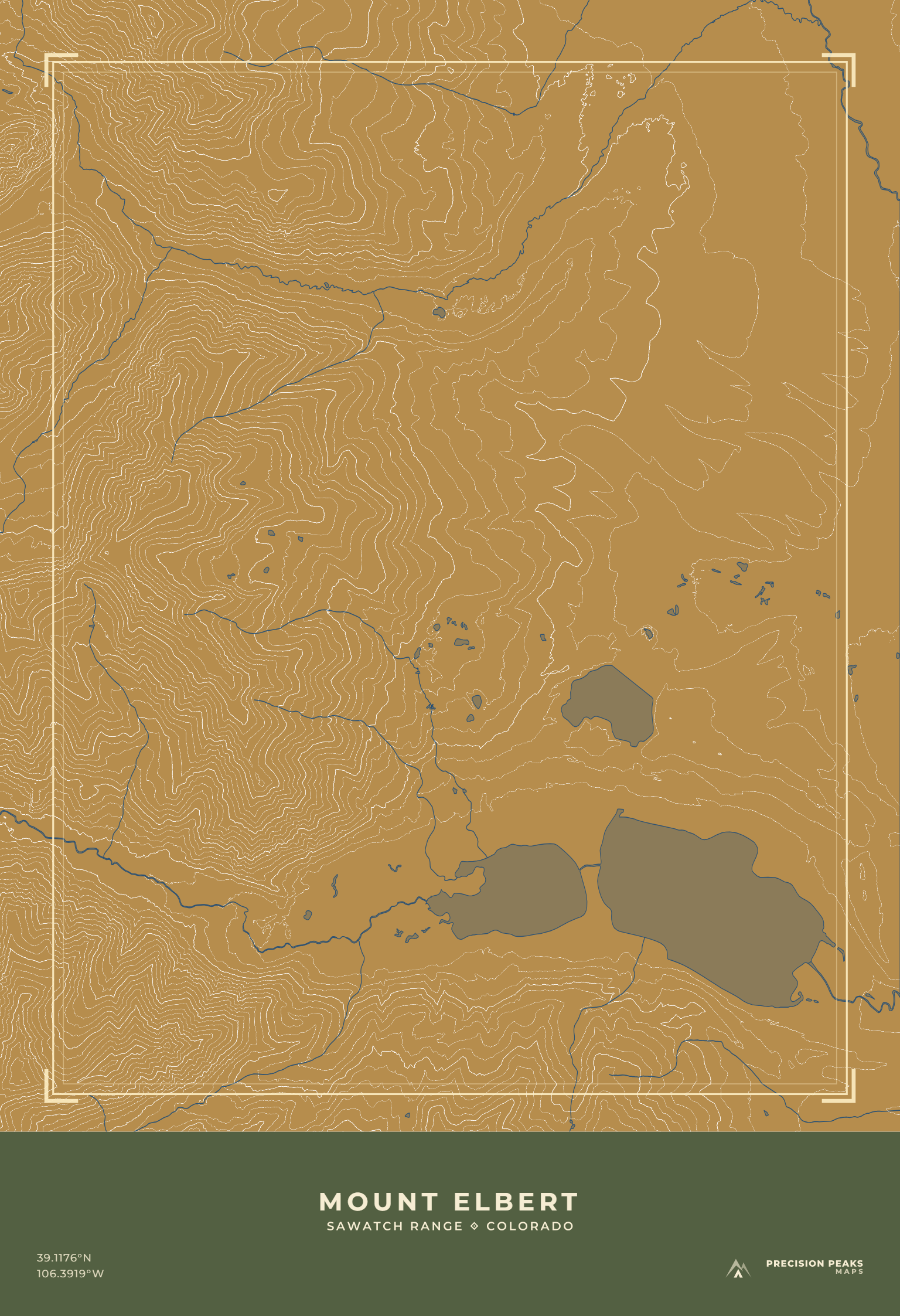 Mount Elbert Terrain Edition topographic print in the Aspen Gold color style