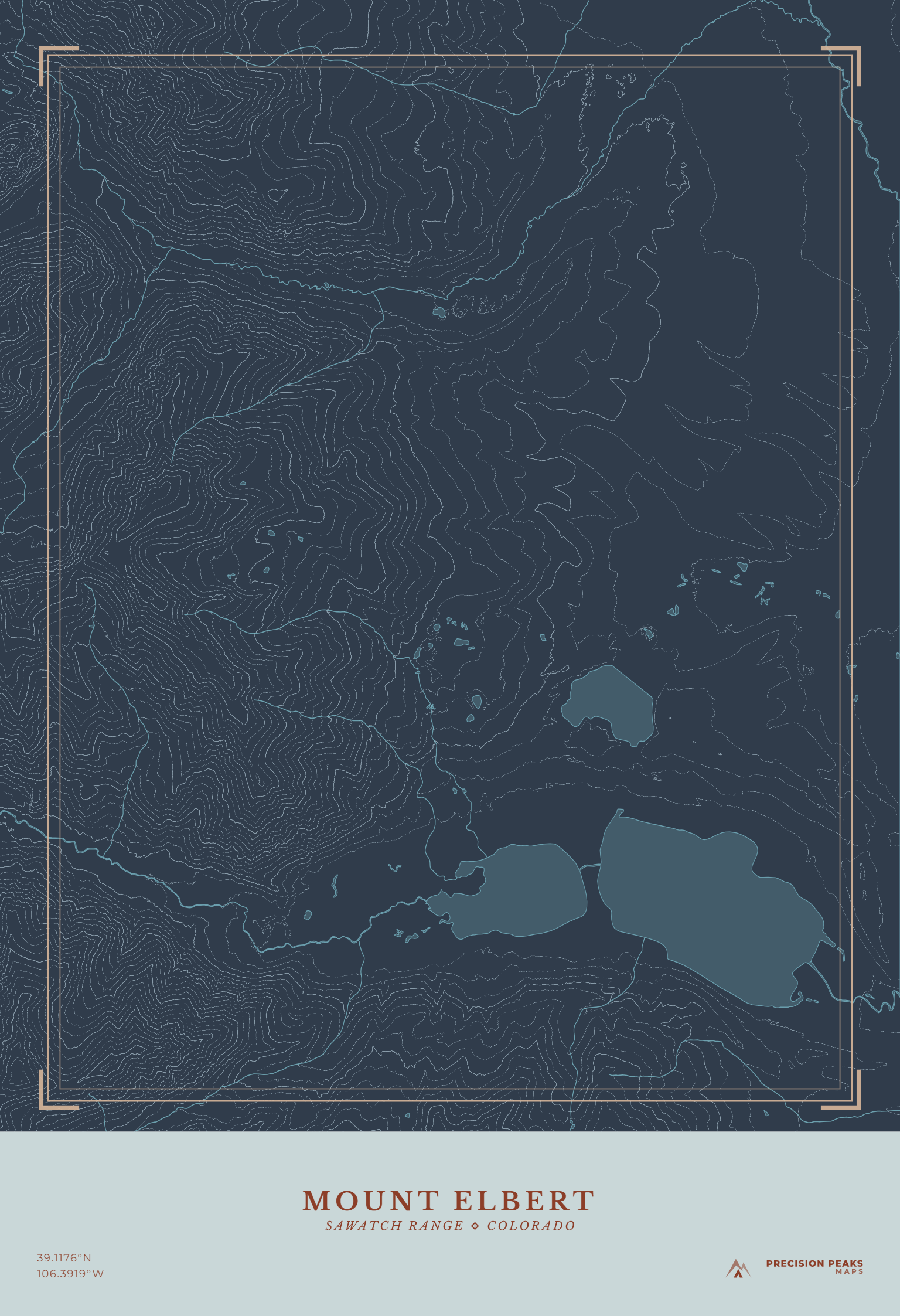 Mount Elbert Terrain Edition topographic print in the Last Light color style