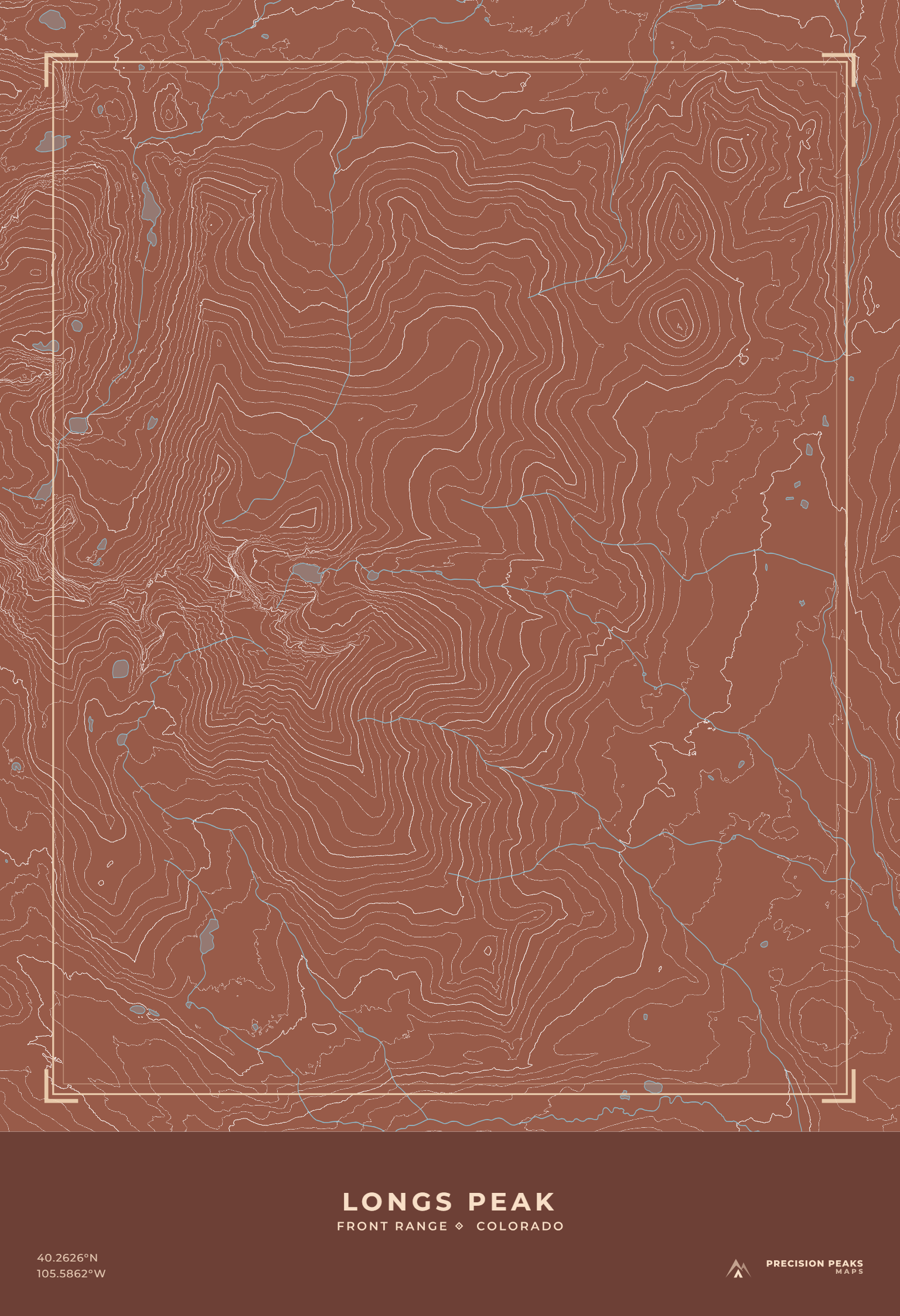 Longs Peak topographic print in the Canyon Clay color style