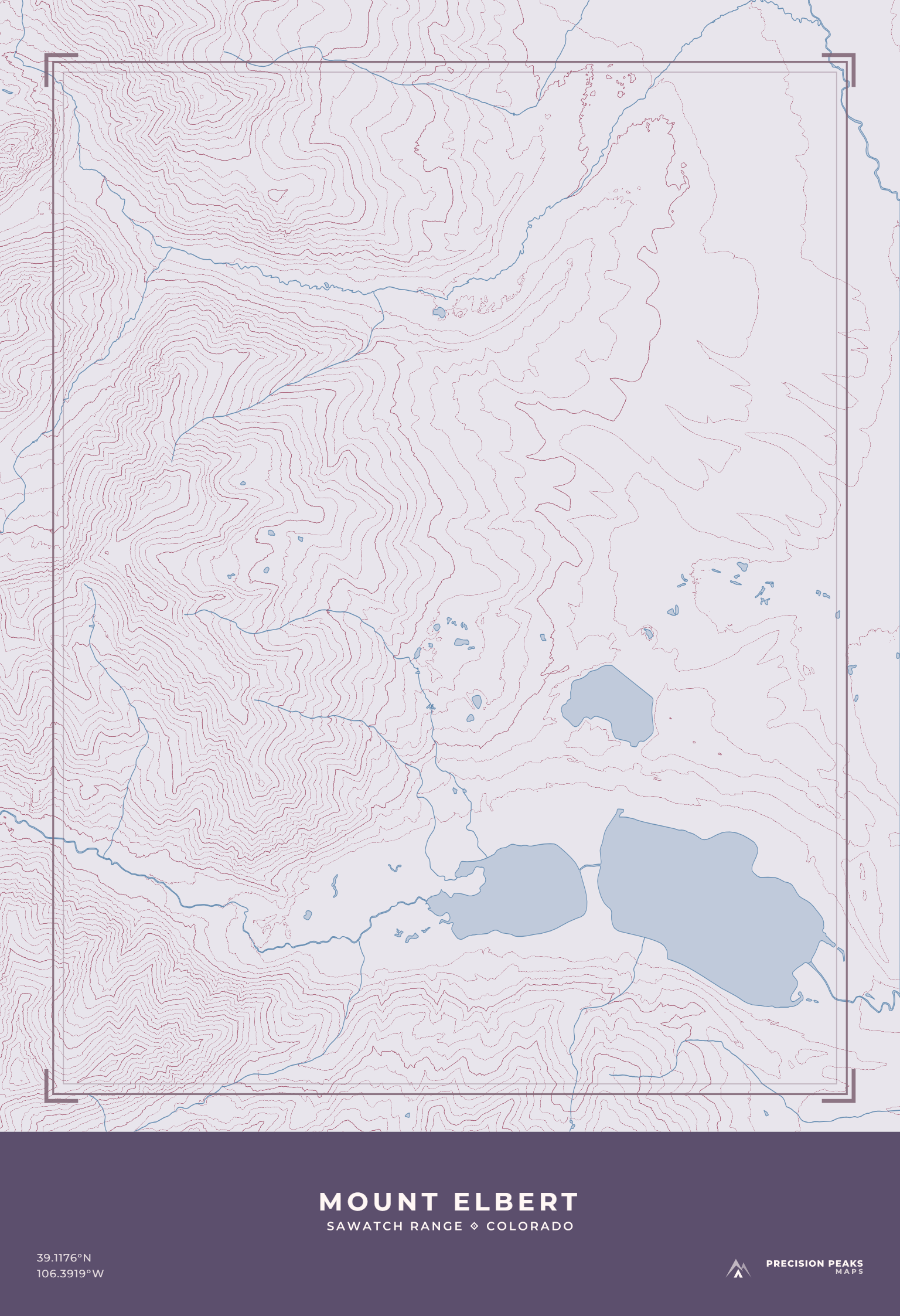 Mount Elbert Terrain Edition topographic print in the Winter Alpenglow color style