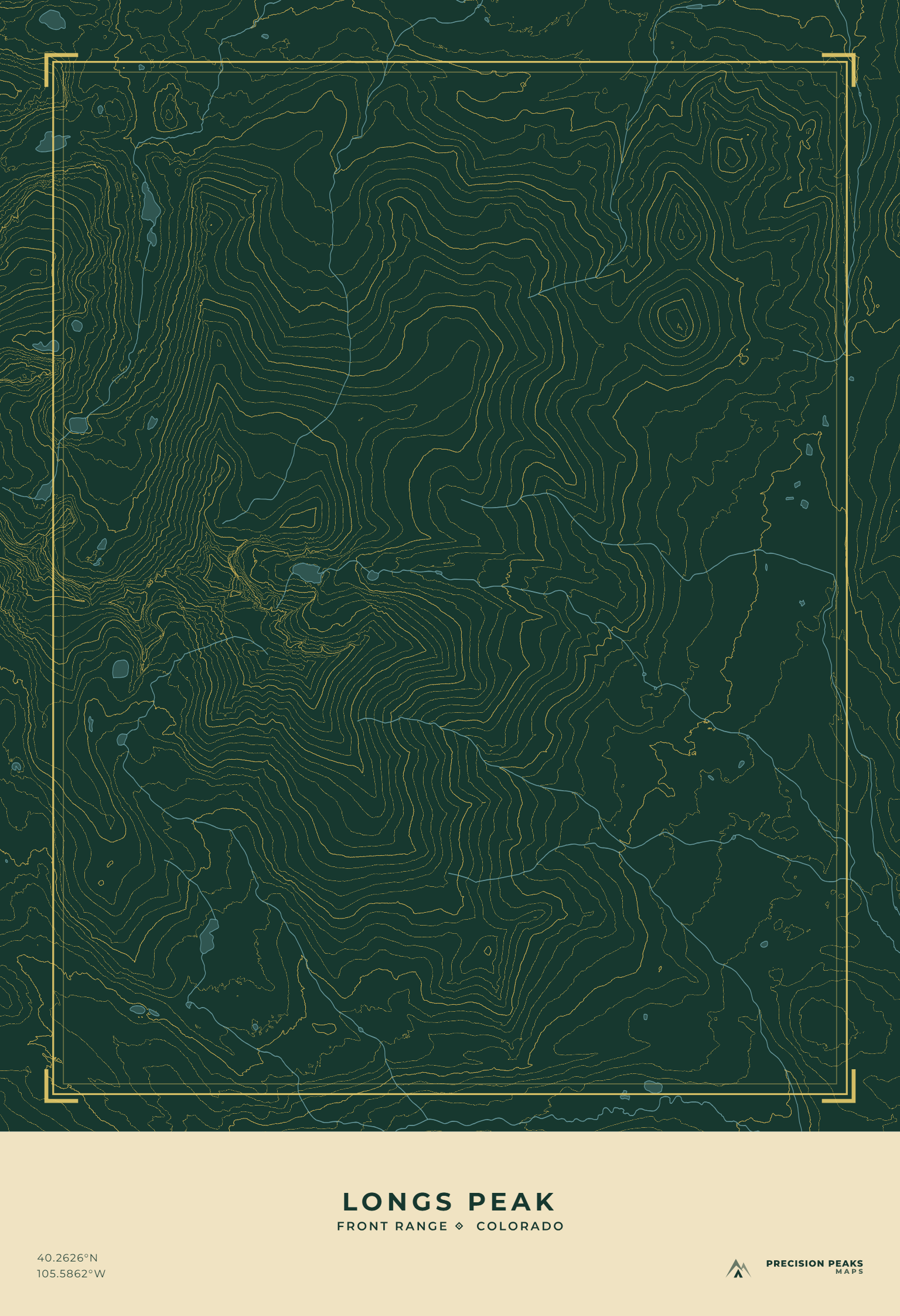 Longs Peak topographic print in the Aspen Gold Night color style
