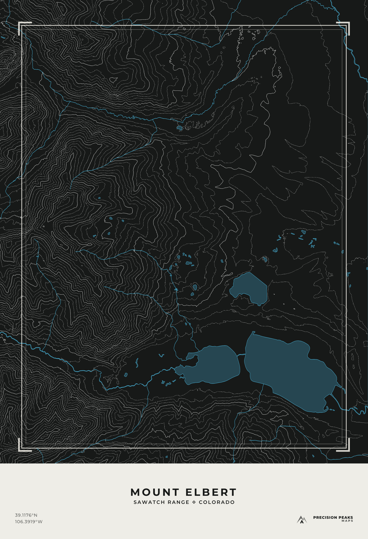 Mount Elbert Terrain Edition topographic print in the Moonlit Ridge color style