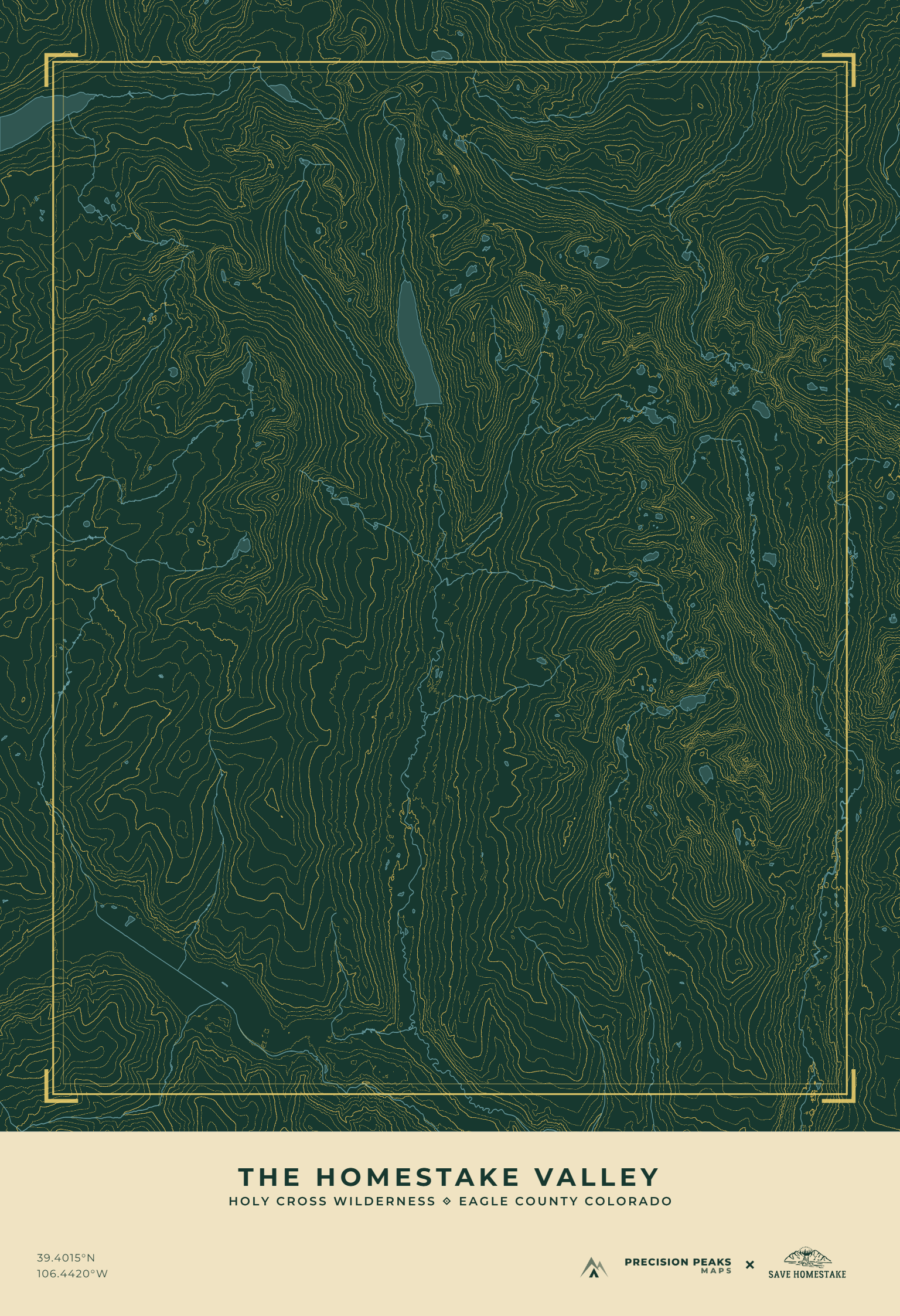 Homestake Valley topographic print in the Aspen Gold Night color style